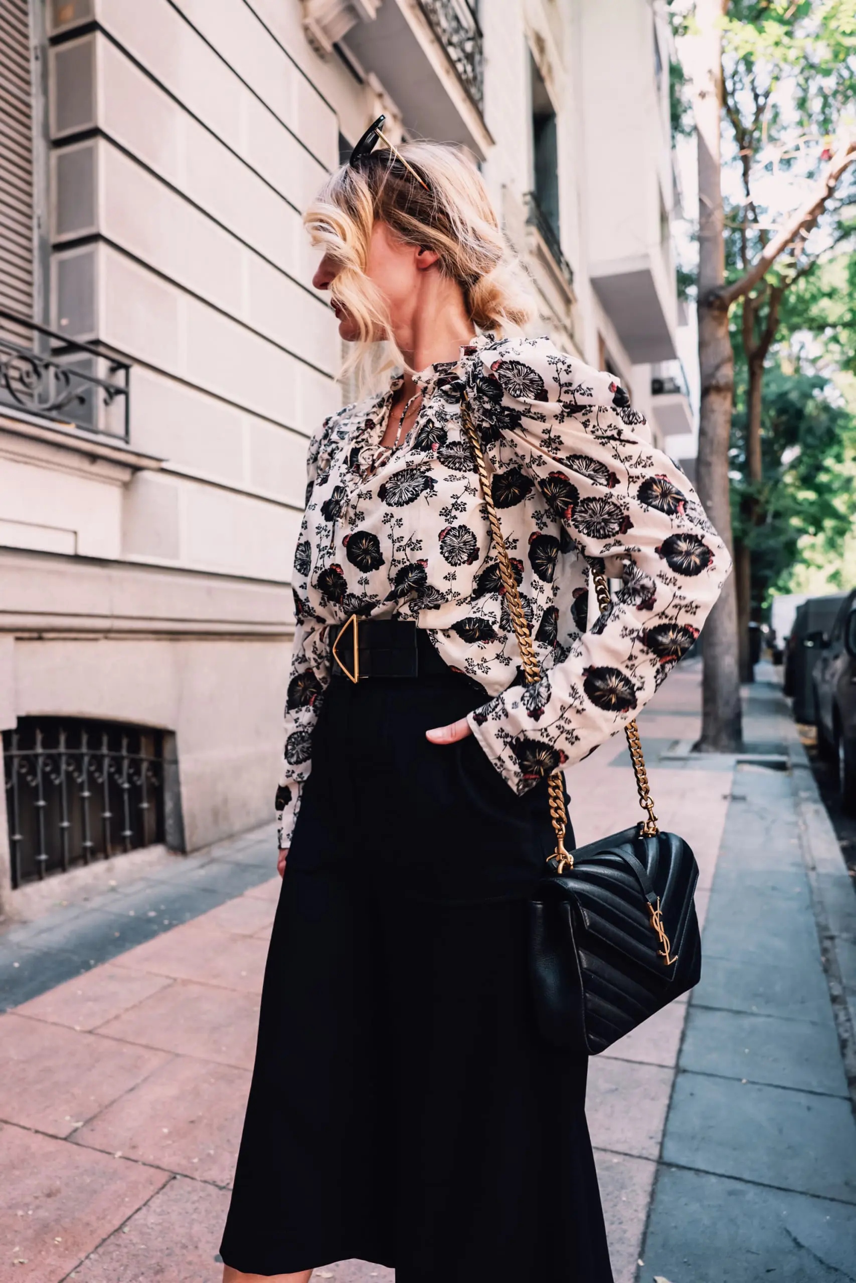how to wear culottes, why wear culottes, how to style culottes, wear culottes, style culottes, how to wear culottes over 40, styling culottes over 40, erin busbee, see by chloe culottes, bottega veneta lido heels, ulla johnson printed floral blouse, bottega veneta belt, saint laurent leather and suede chevron bag, neiman marcus, madrid, spain