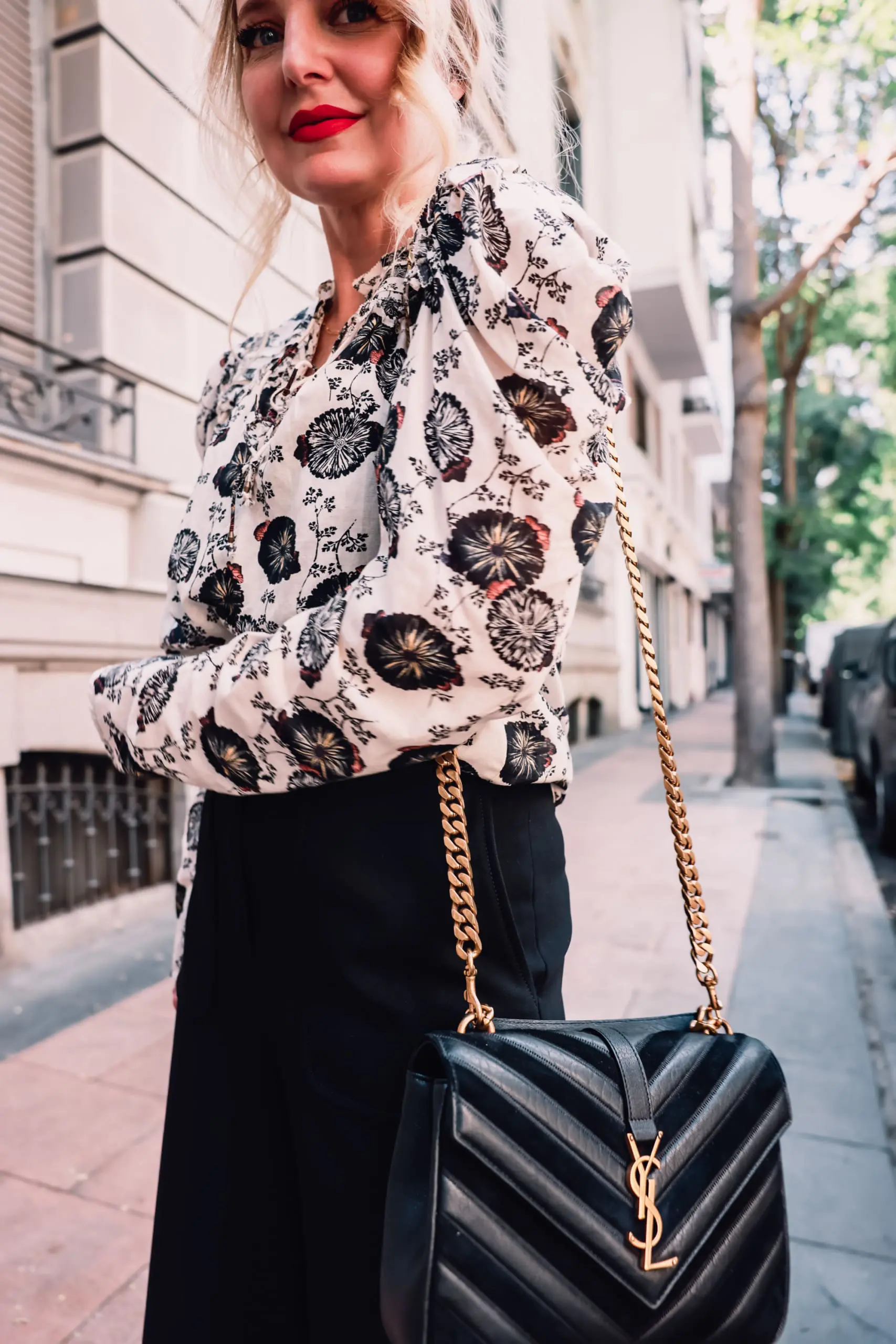 how to wear culottes, why wear culottes, how to style culottes, wear culottes, style culottes, how to wear culottes over 40, styling culottes over 40, erin busbee, see by chloe culottes, bottega veneta lido heels, ulla johnson printed floral blouse, bottega veneta belt, saint laurent leather and suede chevron bag, neiman marcus, madrid, spain