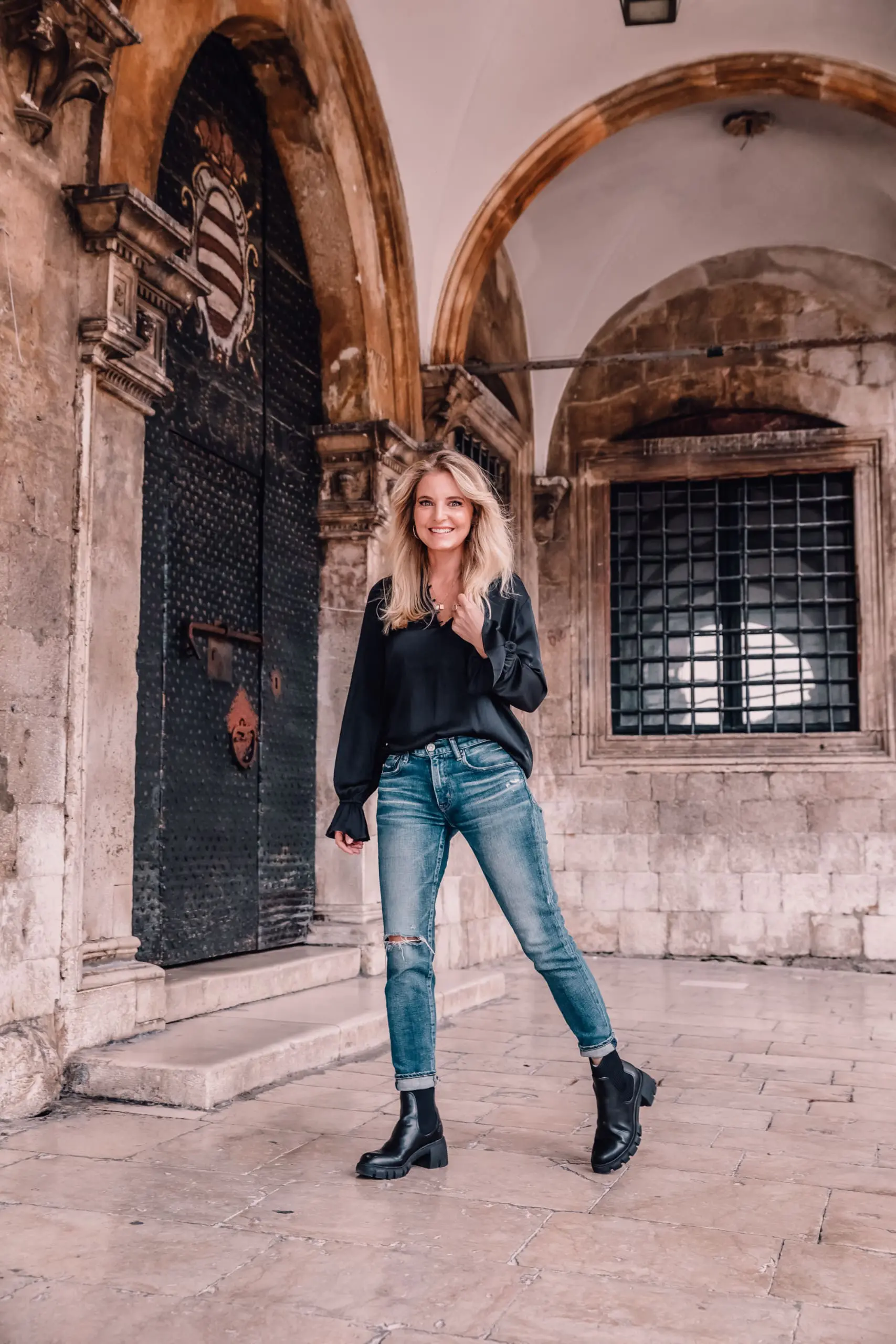 perfect fall outfit, fall outfit, fall outfit formula, fall outfit ideas 2021, fall outfit ideas, fall outfits, erin busbee, paige resa blouse, steve madden hayle boots, moussy vintage lancaster jeans, dubrovnik, Croatia