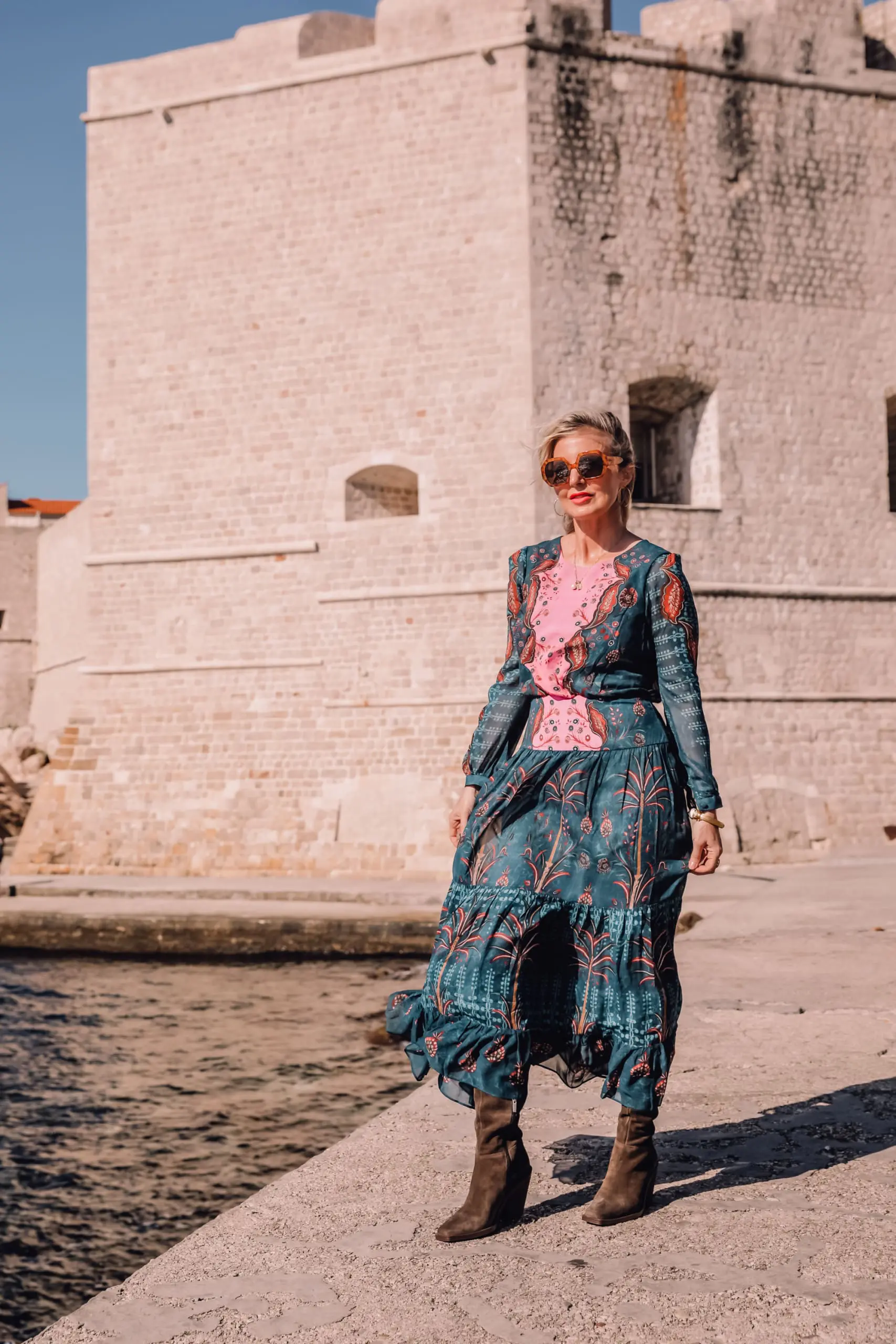Saloni Palm-Print Silk Maxi Dress, wedding guest dresses, fall wedding dresses, fall wedding guest dress, wedding guest dresses, best dressed guest, what to wear to a fall wedding, vince camuto tall boots, European style secrets