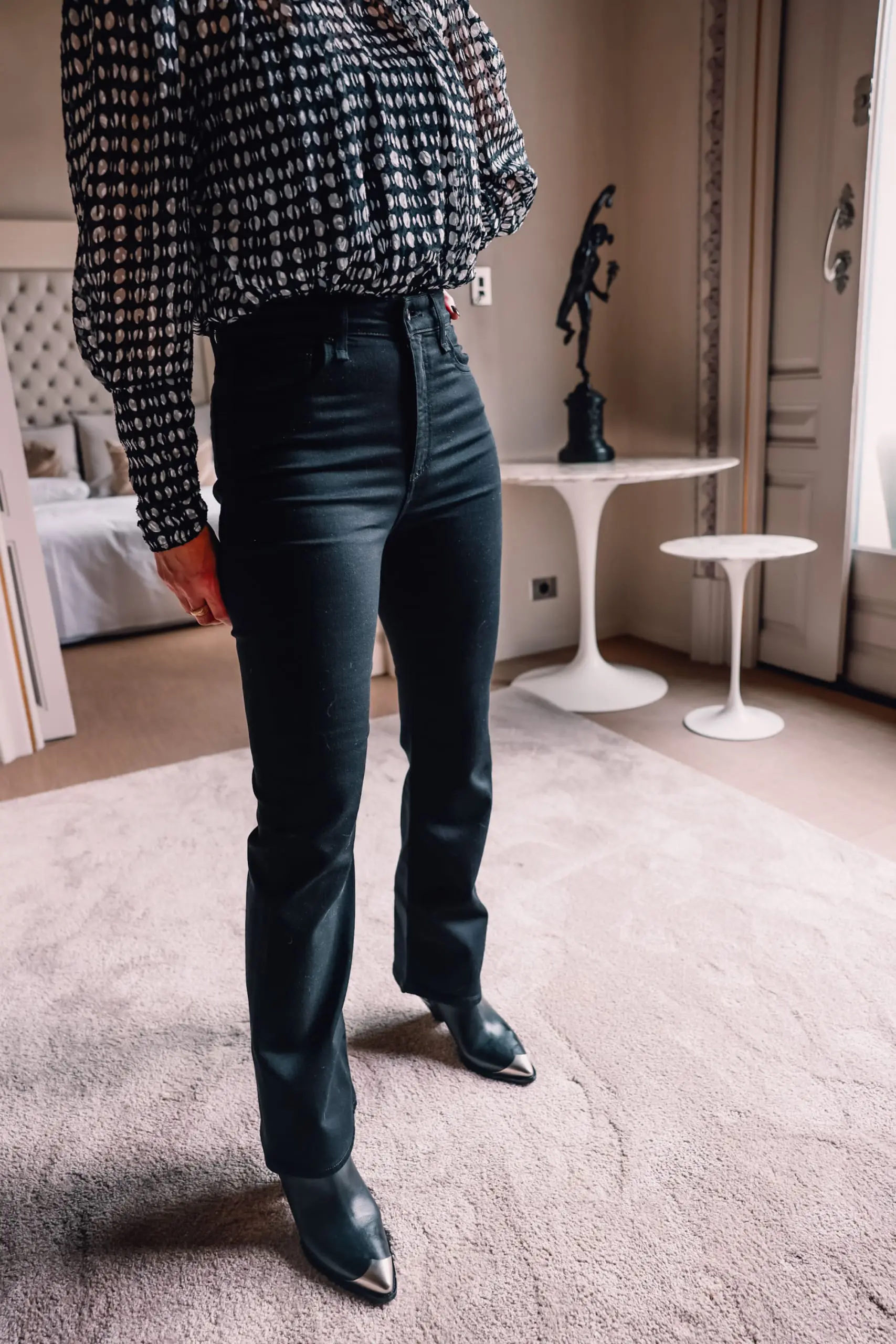 statement tops, statement tops for the holiday, holiday statement tops, what to wear for holidays, how to dress for holidays, statement tops over 40, erin busbee, barcelona, spain, el palauet, ba&sh printed blouse, rag & bone nina cropped flare black jeans, isabel marant black western-inspired boots