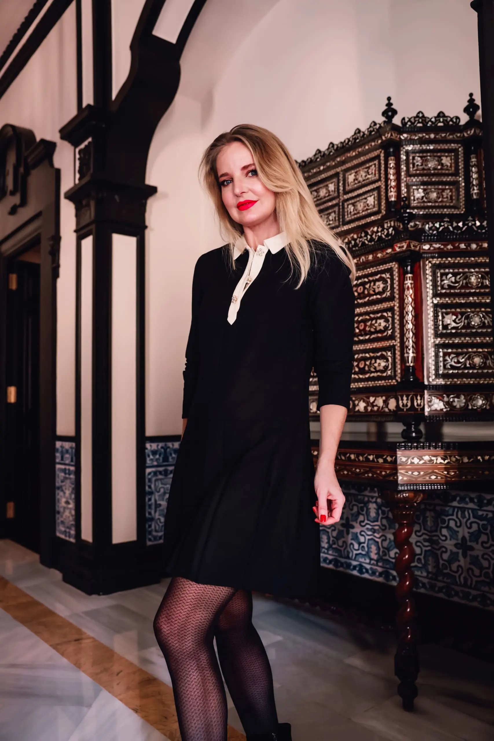 chanel look on a budget, chanel look for less, how to get the chanel look for less, erin busbee, & other stories contrasting collar long sleeve minidress, black schutz bette booties, pattern tights, sevilla spain