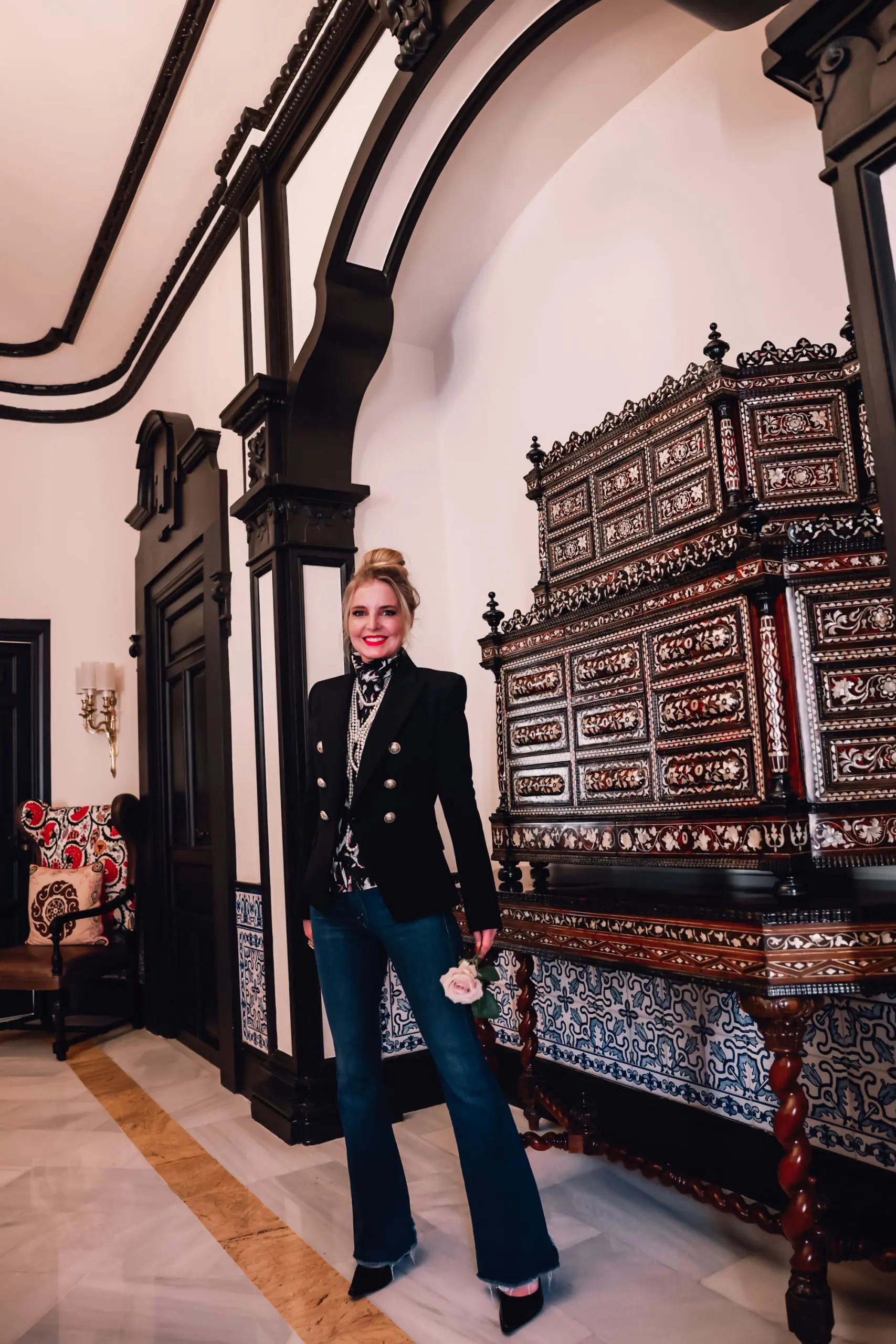 office outfits, stylish office outfits, chic office outfits, office outfits over 40, workwear over 40, stylish workwear, erin busbee, mother frayed hem flare jeans, balmain blazer, chanel multi strand necklace, iro printed blouse, black pointed toe pumps, sevilla, spain