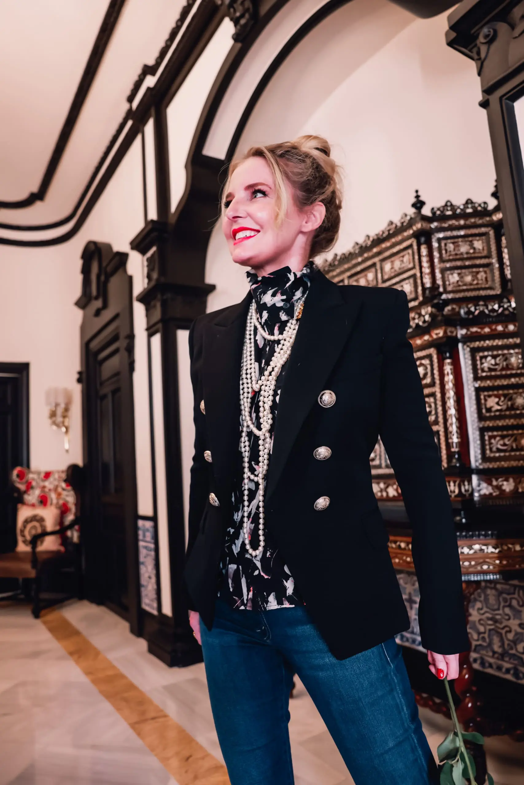 office outfits, stylish office outfits, chic office outfits, office outfits over 40, workwear over 40, stylish workwear, erin busbee, mother frayed hem flare jeans, balmain blazer, chanel multi strand necklace, iro printed blouse, black pointed toe pumps, sevilla, spain