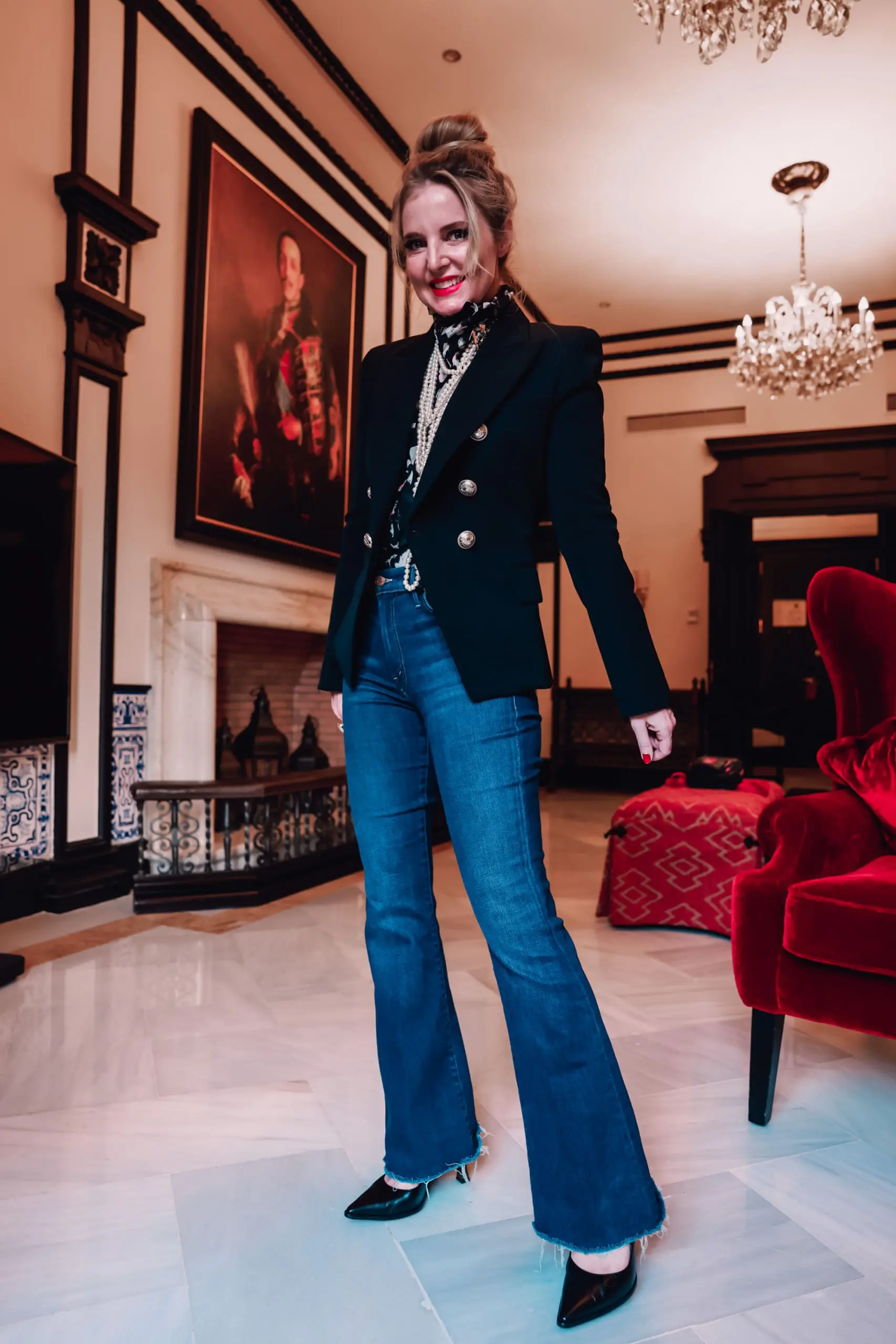 office outfits, stylish office outfits, chic office outfits, office outfits over 40, workwear over 40, stylish workwear, erin busbee, mother frayed hem flare jeans, balmain blazer, chanel multi strand necklace, iro printed blouse, black pointed toe pumps, sevilla, spain