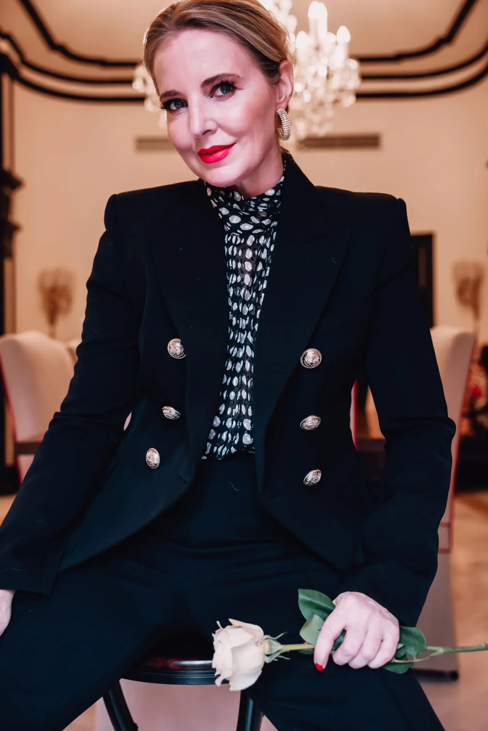 office outfits, stylish office outfits, chic office outfits, office outfits over 40, workwear over 40, stylish workwear, erin busbee, spanx wide leg pants, balmain blazer, pointed toe pumps, ba&sh black and white printed blouse, sevilla, spain