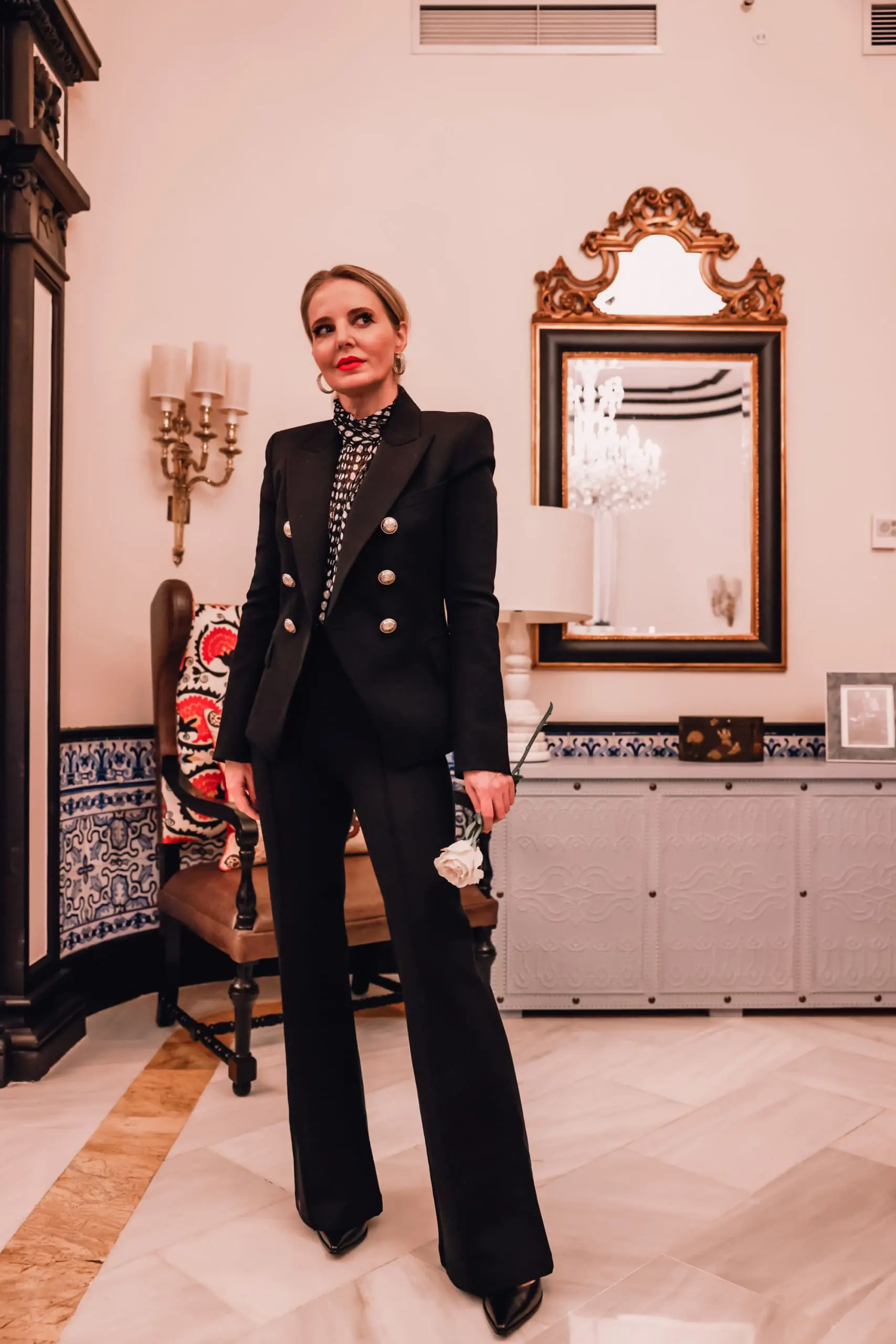 office outfits, stylish office outfits, chic office outfits, office outfits over 40, workwear over 40, stylish workwear, erin busbee, spanx wide leg pants, balmain blazer, pointed toe pumps, ba&sh black and white printed blouse, sevilla, spain