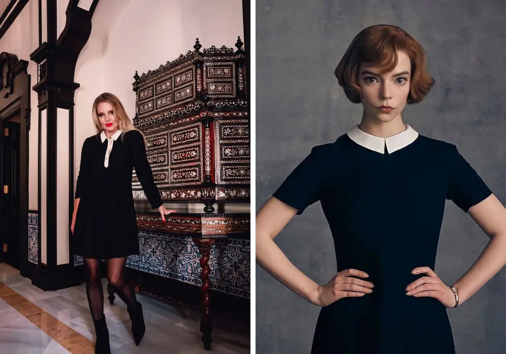 Queen's Gambit Inspired Looks, outfits from TV shoes, trending TV outfits, erin busbee fashion blogger over 40, timeless black and white dress, retro black and white dress