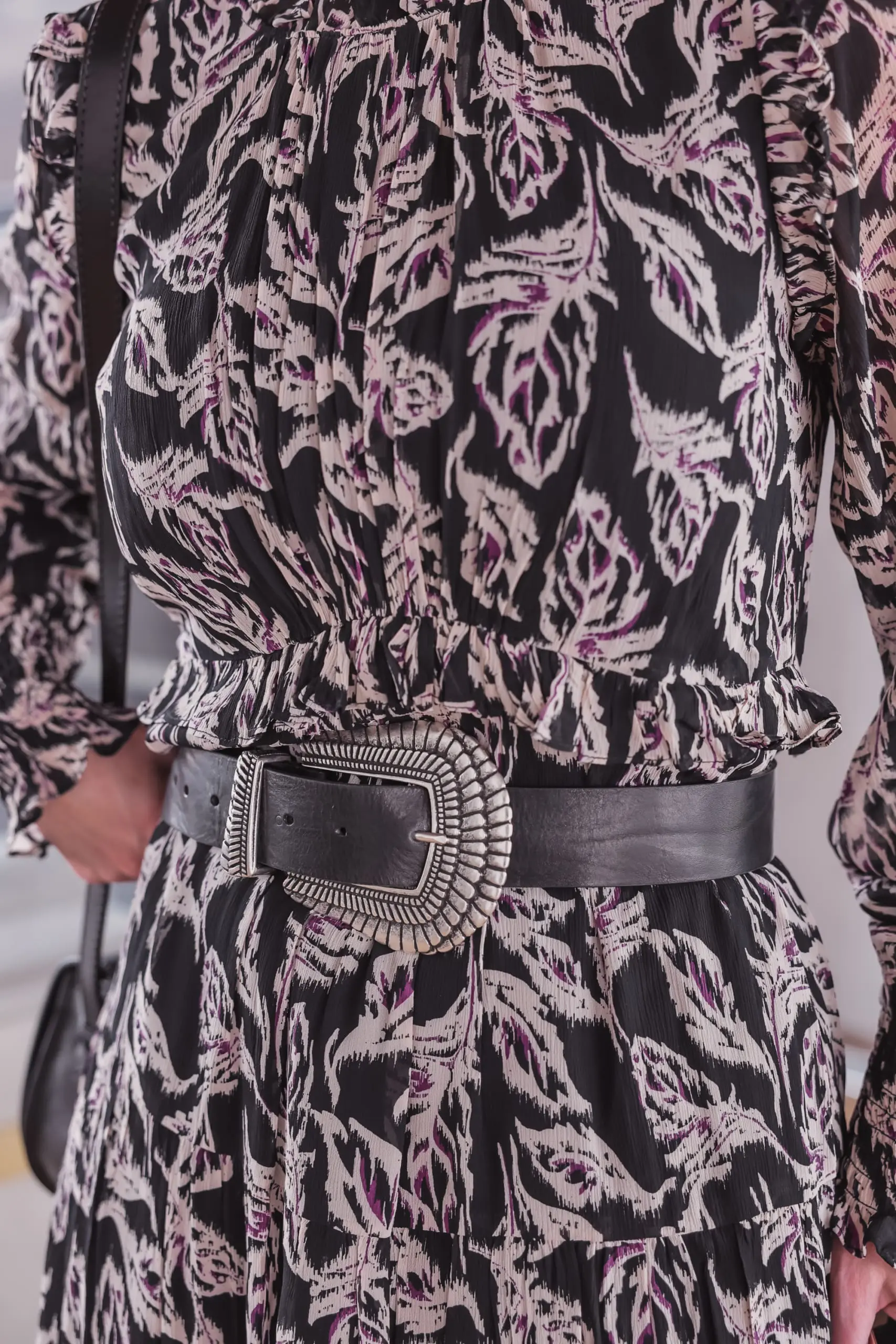 western trend, western trend 2022, western inspired trend, how to wear western trend, modern western style, erin busbee, busbee style. ba&sh printed midi dress, ba&sh teddy bag with buckle, ba&sh western inspired belt, isabel marant lamsey boots, telluride, colorado