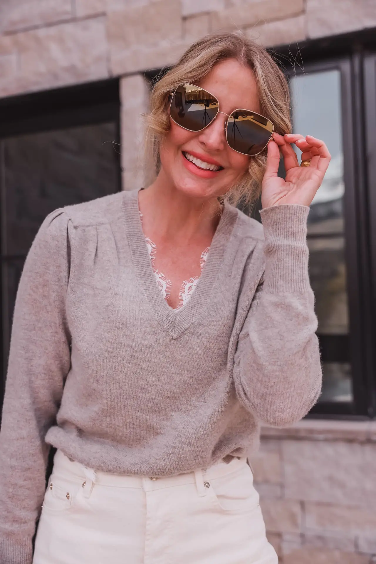 summer self care, summer self care essentials, sun protection, maui jim sunglasses, polarized sunglasses, triton sunglasses by maui jim, brochu walker lace sweater, maje wide leg off white jeans, chloe sneakers, erin busbee, busbee style, telluride, colorado