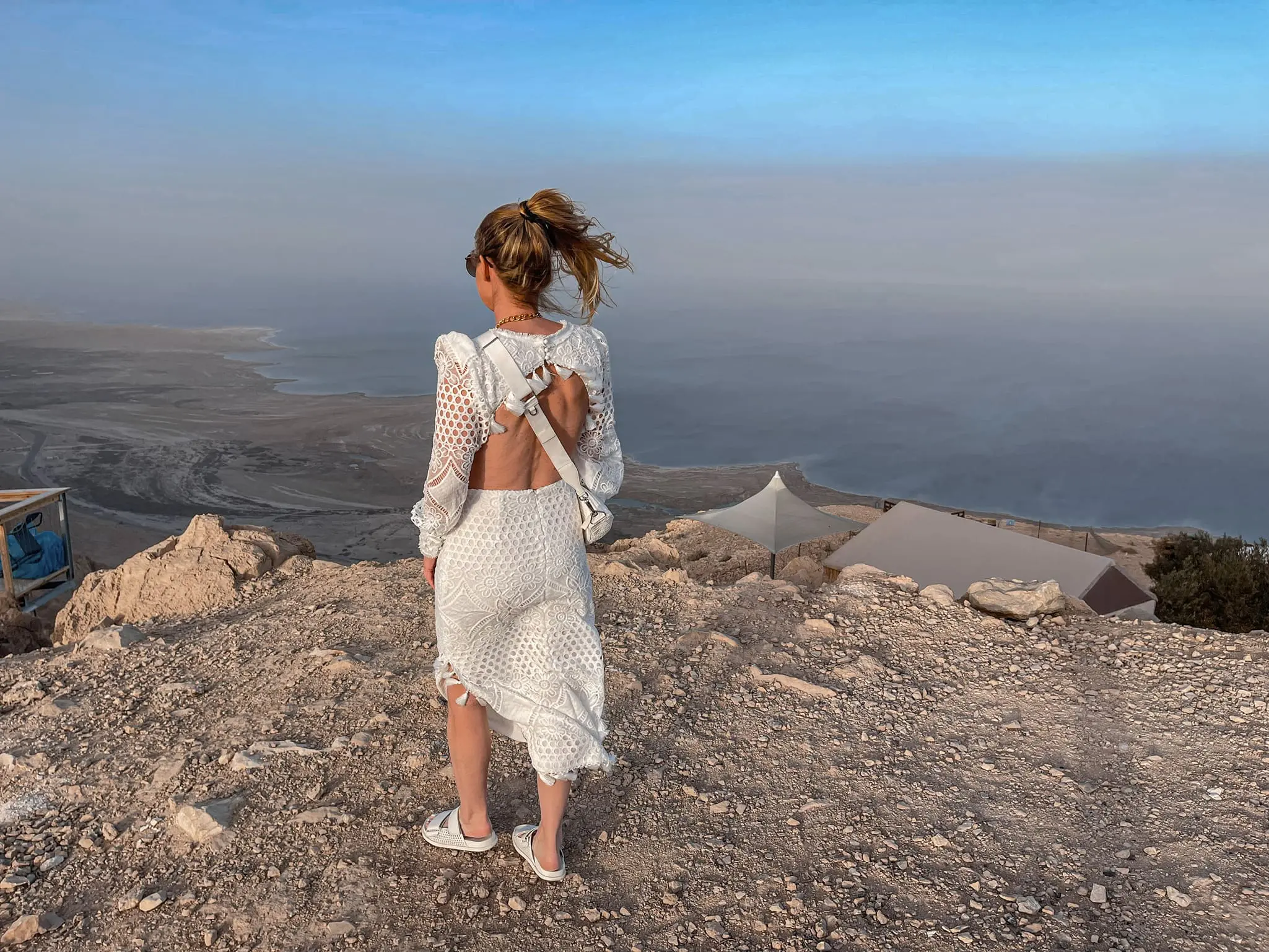 What I wore at a party in Israel by the Dead Sea, white backless dress by Elliatt