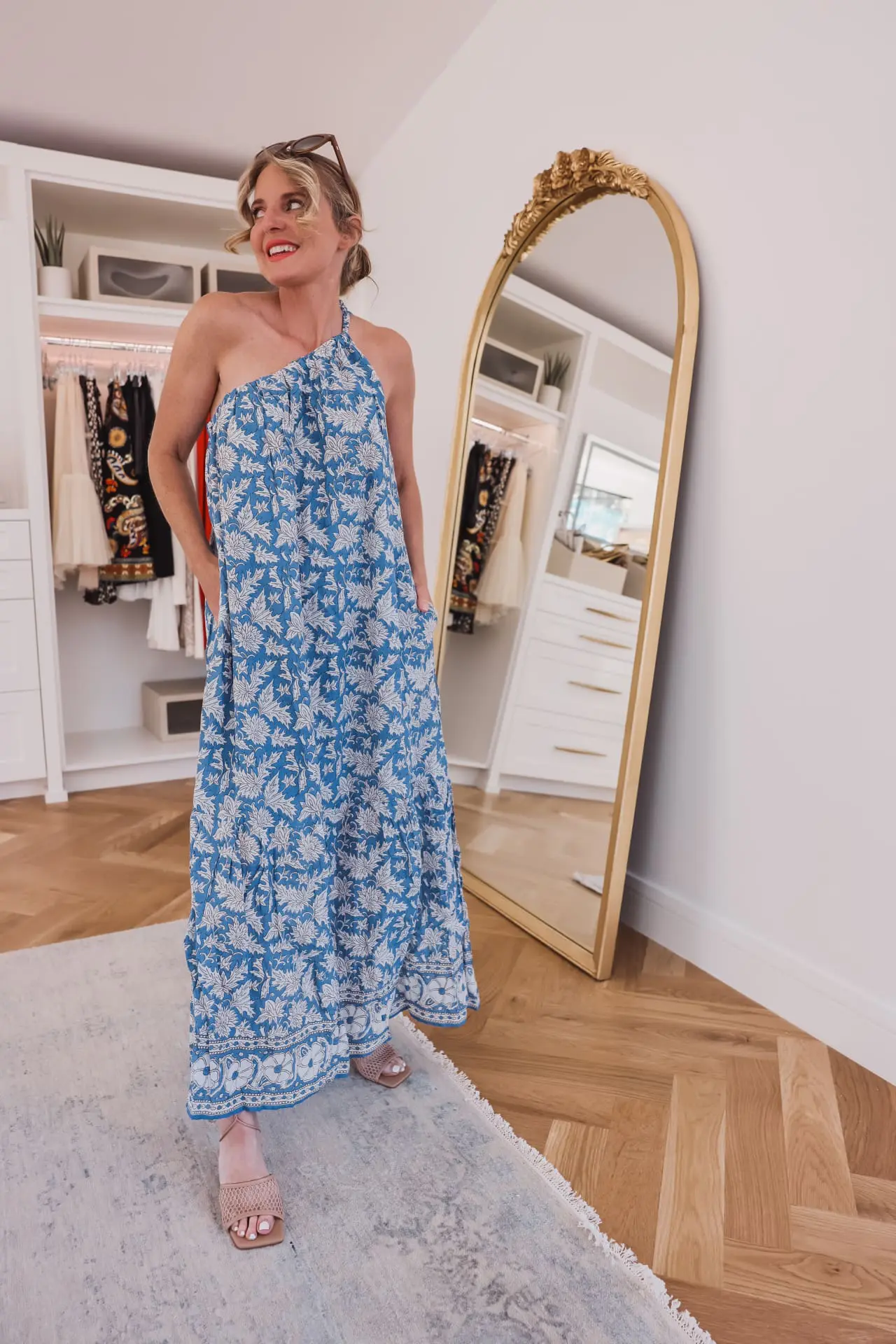 easy summer outfits for busy moms, easy summer outfits, summer mom outfits 2022, summer mom outfits, casual summer outfit ideas, cute mom outfits for summer, easy mom outfits, mom outfit ideas, casual mom outfits summer, summer outfit 2022, casual summer outfits for over 40, casual summer outfits for over 30, blue printed maxi dress by velvet, marc fisher mesh strappy heels, le specs sunglasses, erin busbee, busbee style, fashion over 40, telluride, colorado