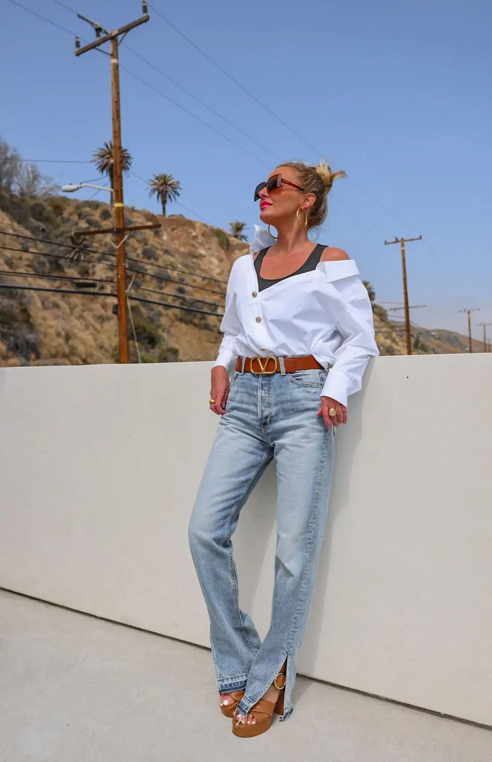 best button down shirts, cool button down shirts, unique button down shirts, button down shirts for summer, lightweight button down shirts, button down shirts female, button down shirts for women over 40, stylish button up shirts, cool button up shirts, casual button down shirts, erin busbee, busbee style, malibu, california, maje white button down with built in tank, eb denim baggy jeans, see by chloe platform heels, valentino belt, dena davidson hoops, dean davidson rings