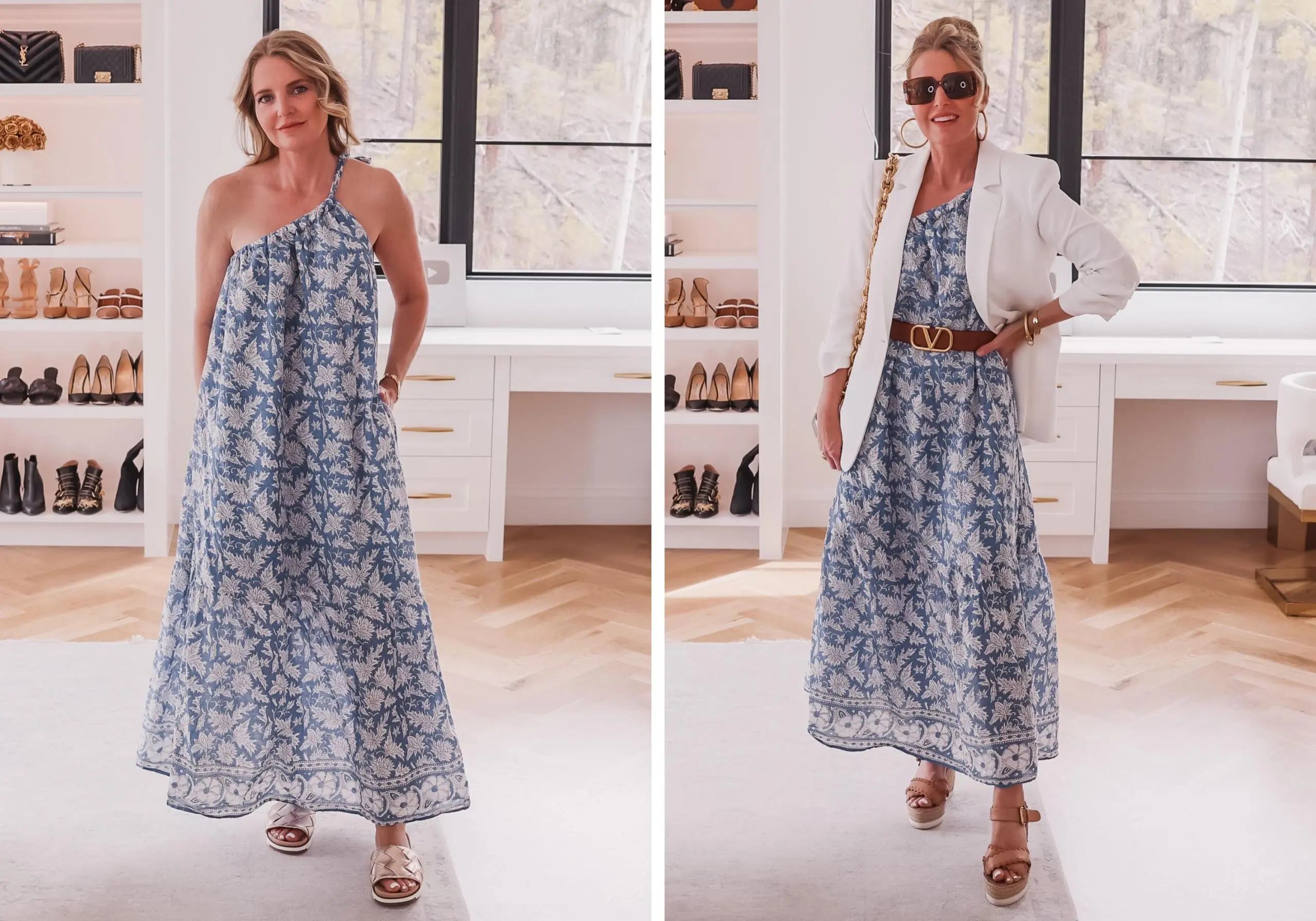 how to elevate your everyday style, how to elevate your appearance, how to elevate a simple outfit, how to elevate wardrobe, how to look classy and rich, how to look casual but stylish, fine to fab, erin busbee, busbee style, fashion over 40, telluride, Colorado, velvet blue printed dress, see by chloe wedges, valentino belt, bottega veneta white chain cassette bag, julie vos cuff, monica vinader bracelet, saint laurent sunglasses