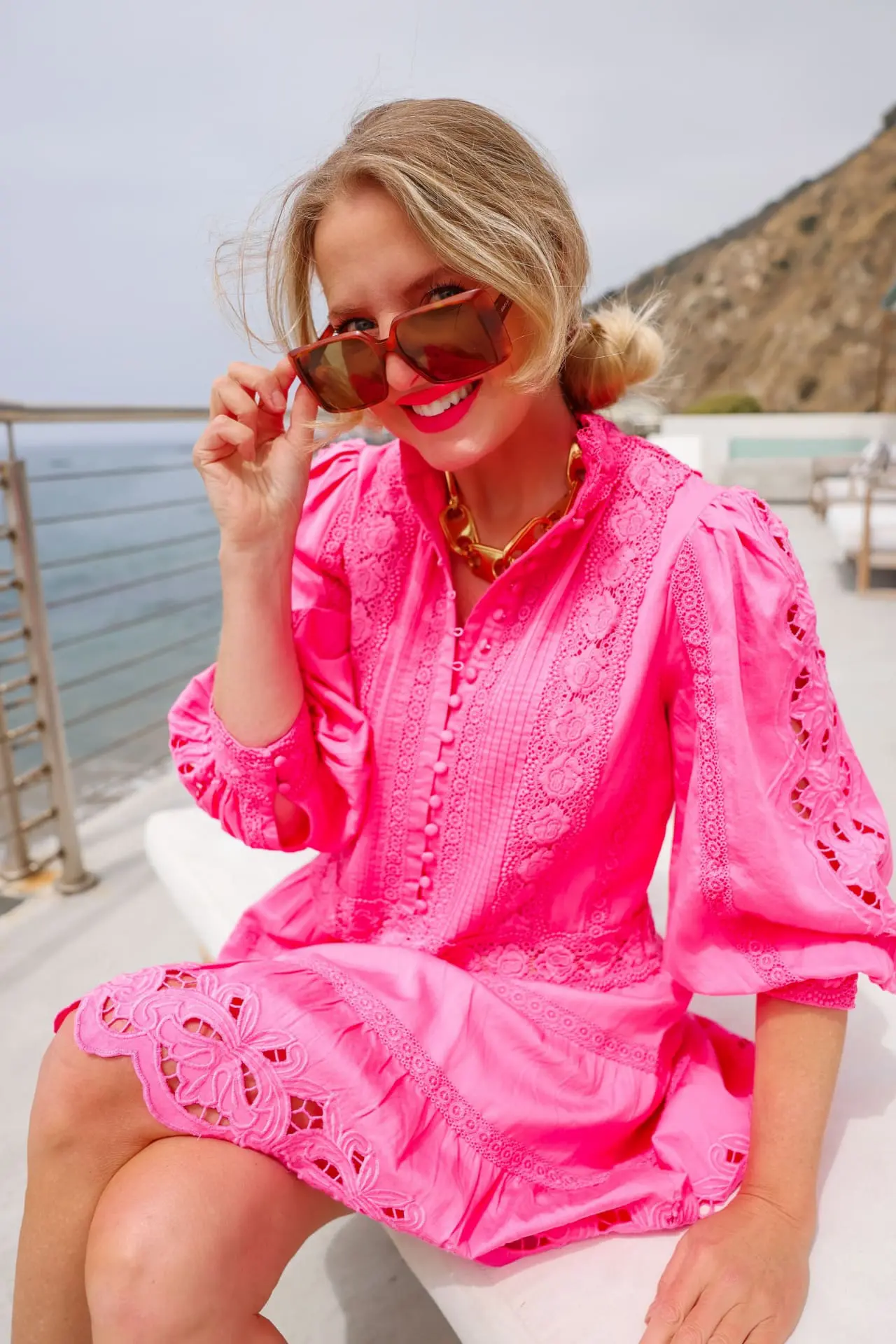 pink fashion finds, pink fashion finds 2022, best pink fashion finds, pink dress, hot pink dress, alice + olivia clark lace detail long sleeve cotton dress, hot pink dress, pink mini dress, luxe pink finds, pink designer finds, pink designer clothes, pink designer shoes, pink designer heels, pink designer handbags