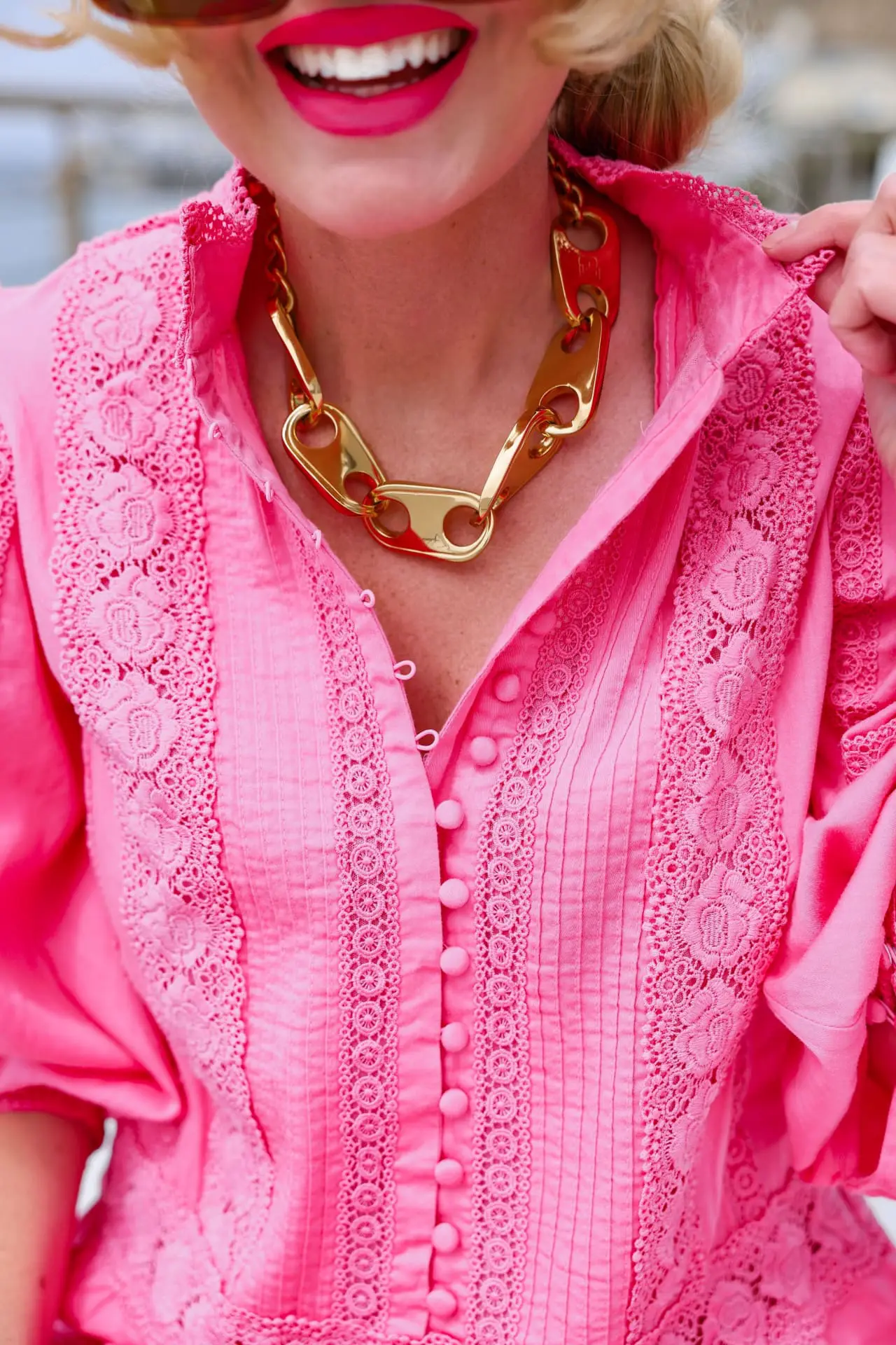 pink fashion finds, pink fashion finds 2022, best pink fashion finds, pink dress, hot pink dress, alice + olivia clark lace detail long sleeve cotton dress, hot pink dress, pink mini dress, luxe pink finds, pink designer finds, pink designer clothes, pink designer shoes, pink designer heels, pink designer handbags