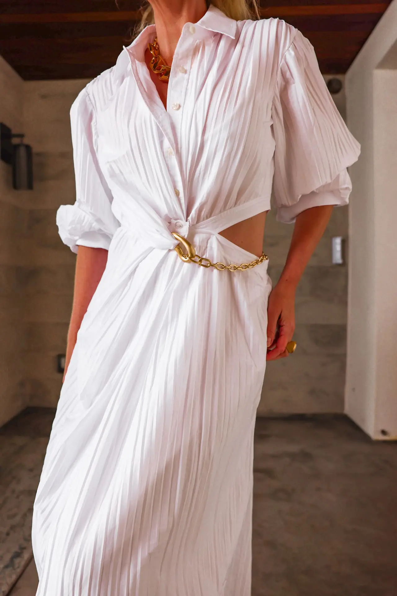 jonathan simkhai white shirt dress with chain