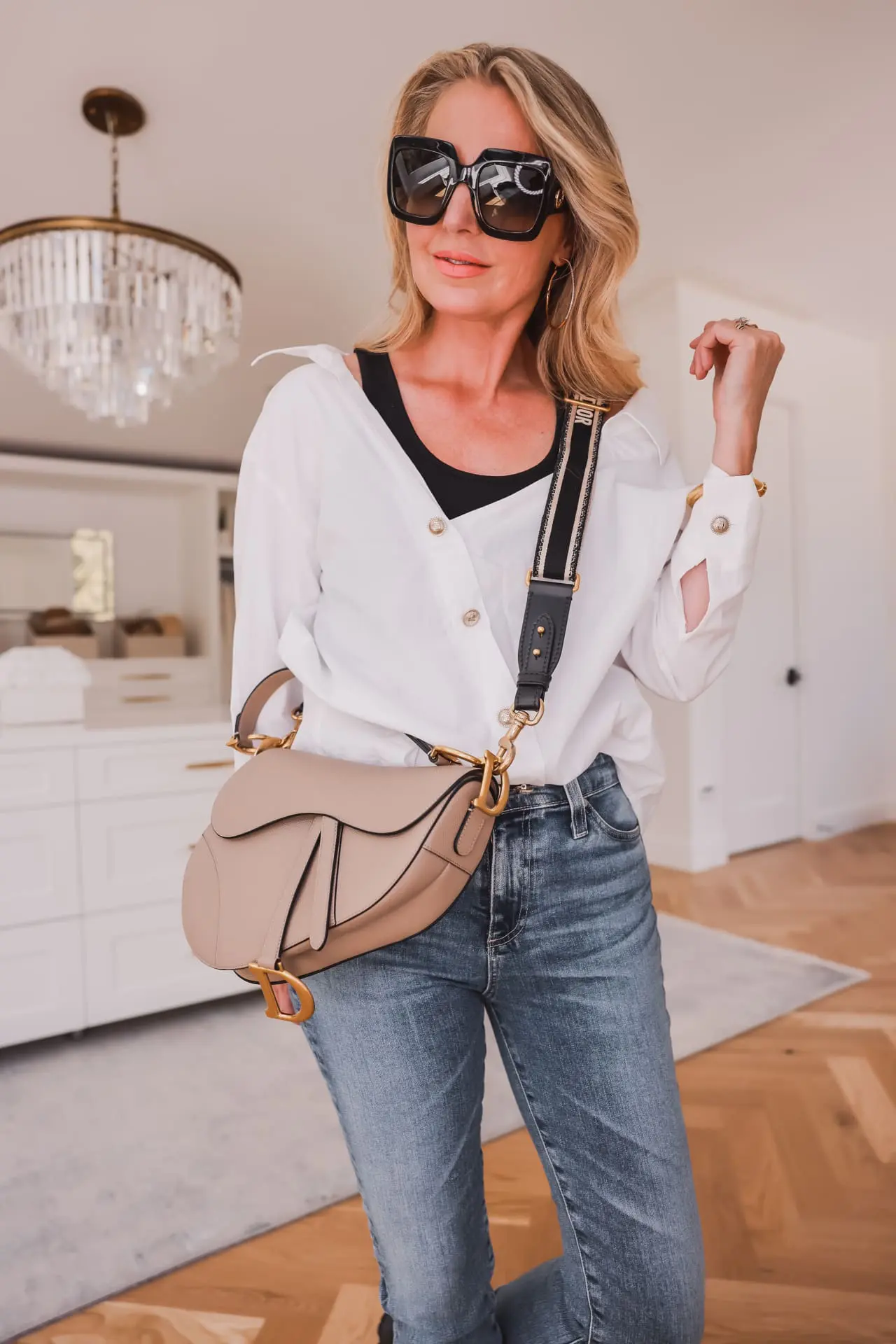 cute outfits with jeans, cute outfits with jeans and heels, cute outfits with jeans sneakers, cute outfits with jeans and boots, cute outfits with jeans for fall, cute outfits with jeans for winter, cute casual outfits with jeans, what to wear with jeans, what to wear with jeans and boots, cute fall outfits with jeans, cute winter outfits with jeans, erin busbee, busbee style, fashion over 40, maje white button down, ag straight leg jeans, black see by chloe mallory combat boots, dior saddle bag