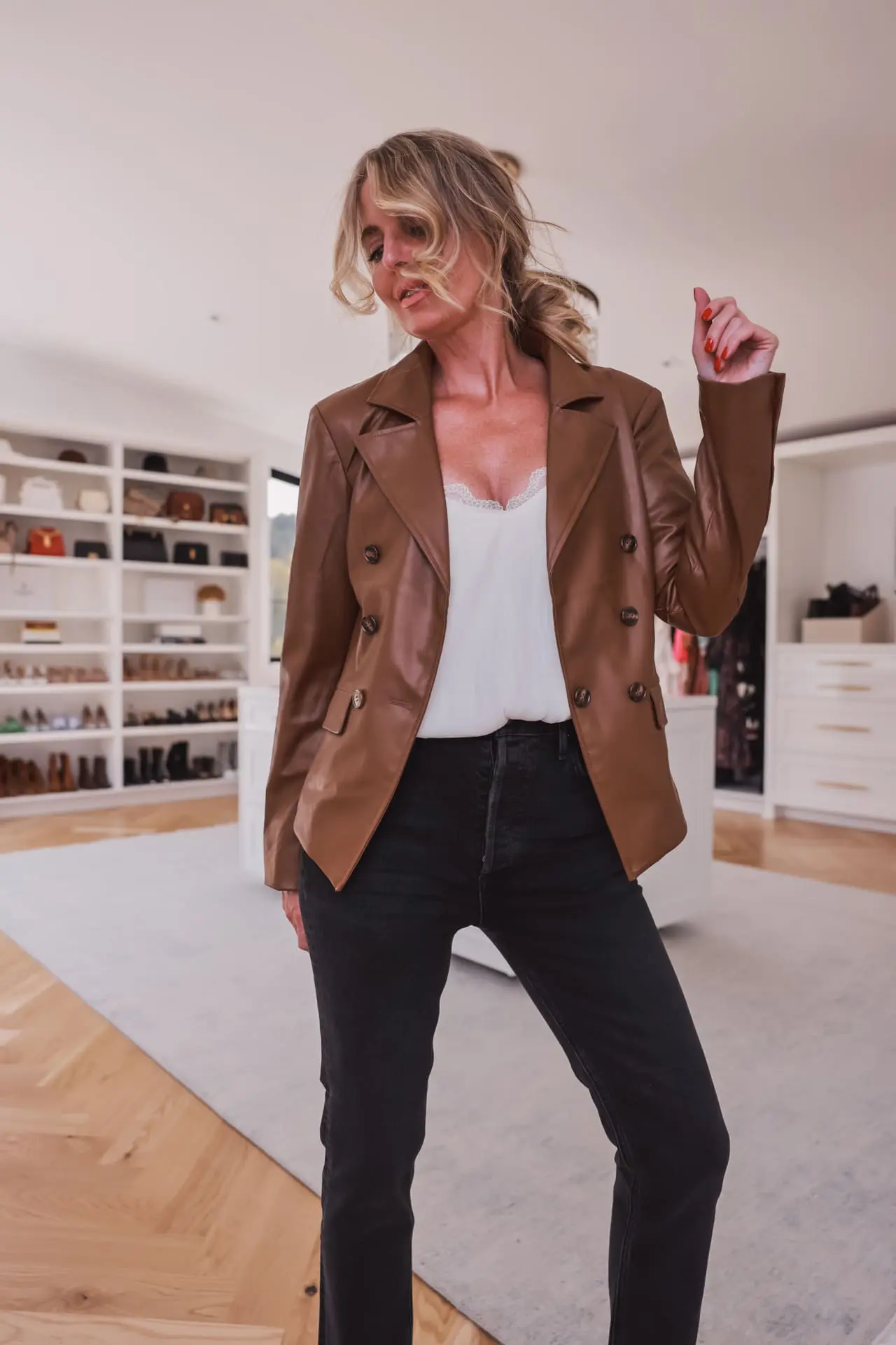 faux leather blazer and black jeans