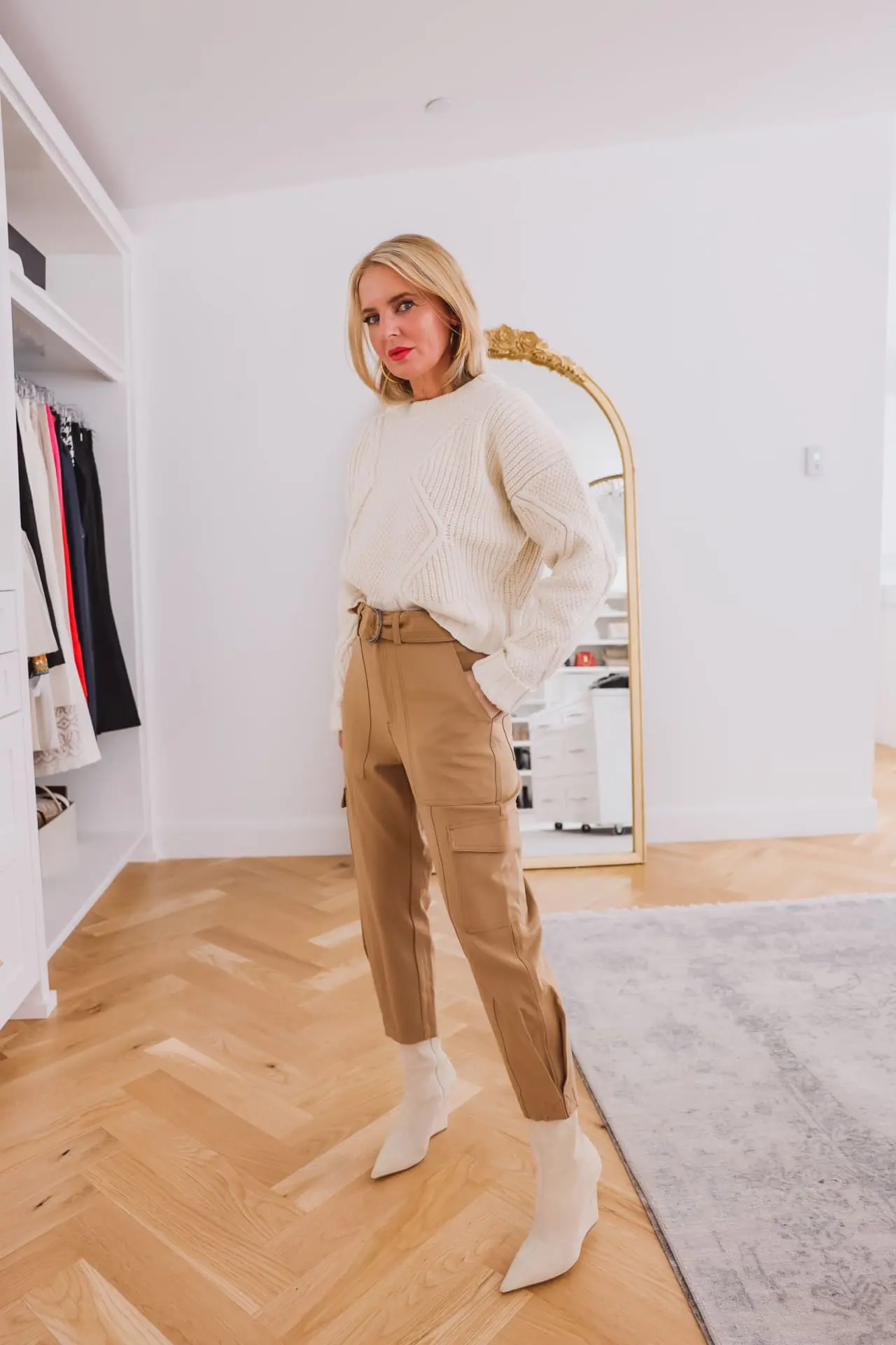 geometric white sweater outfit