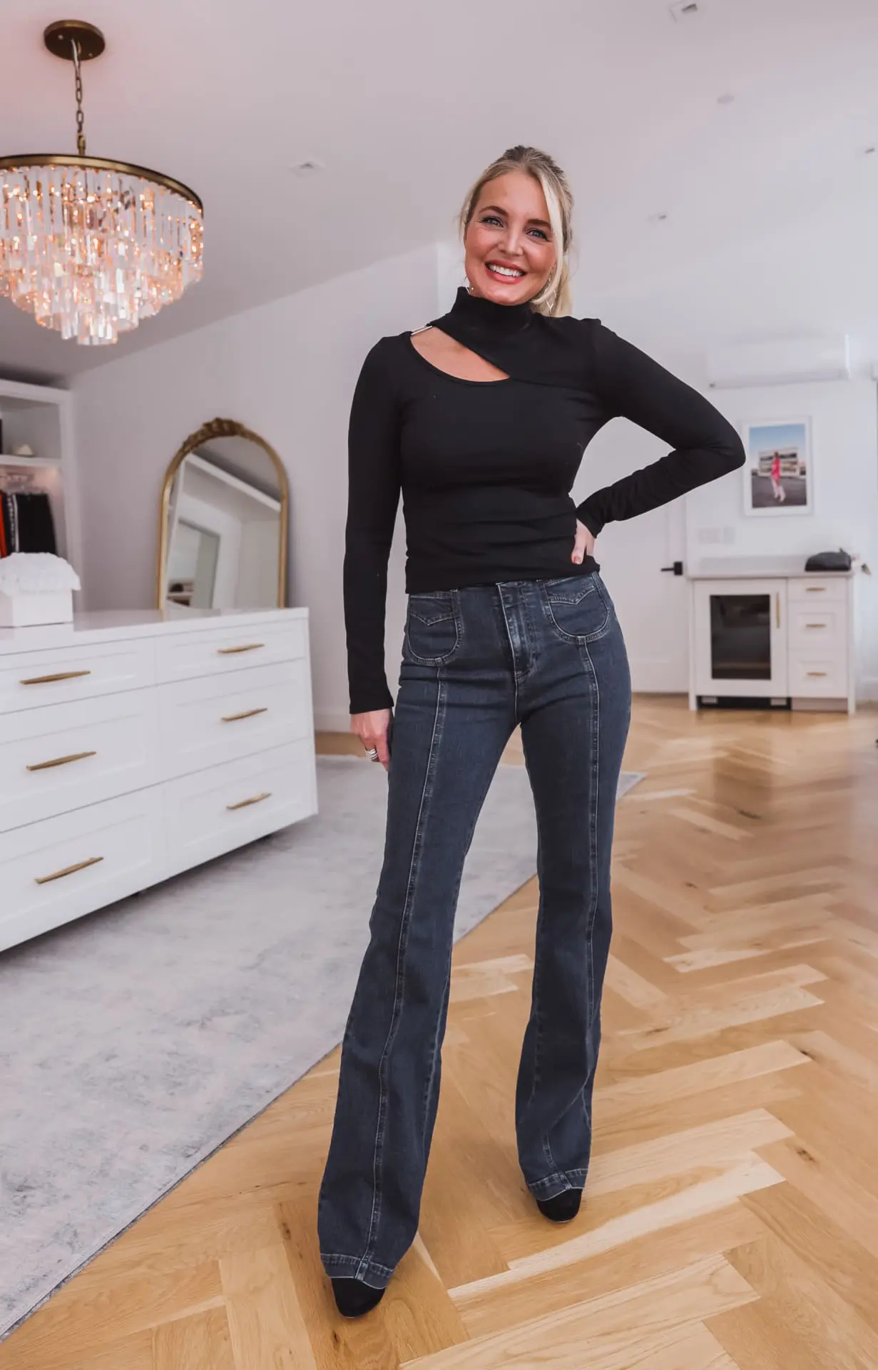 black cutout top, see by chloe flared jeans