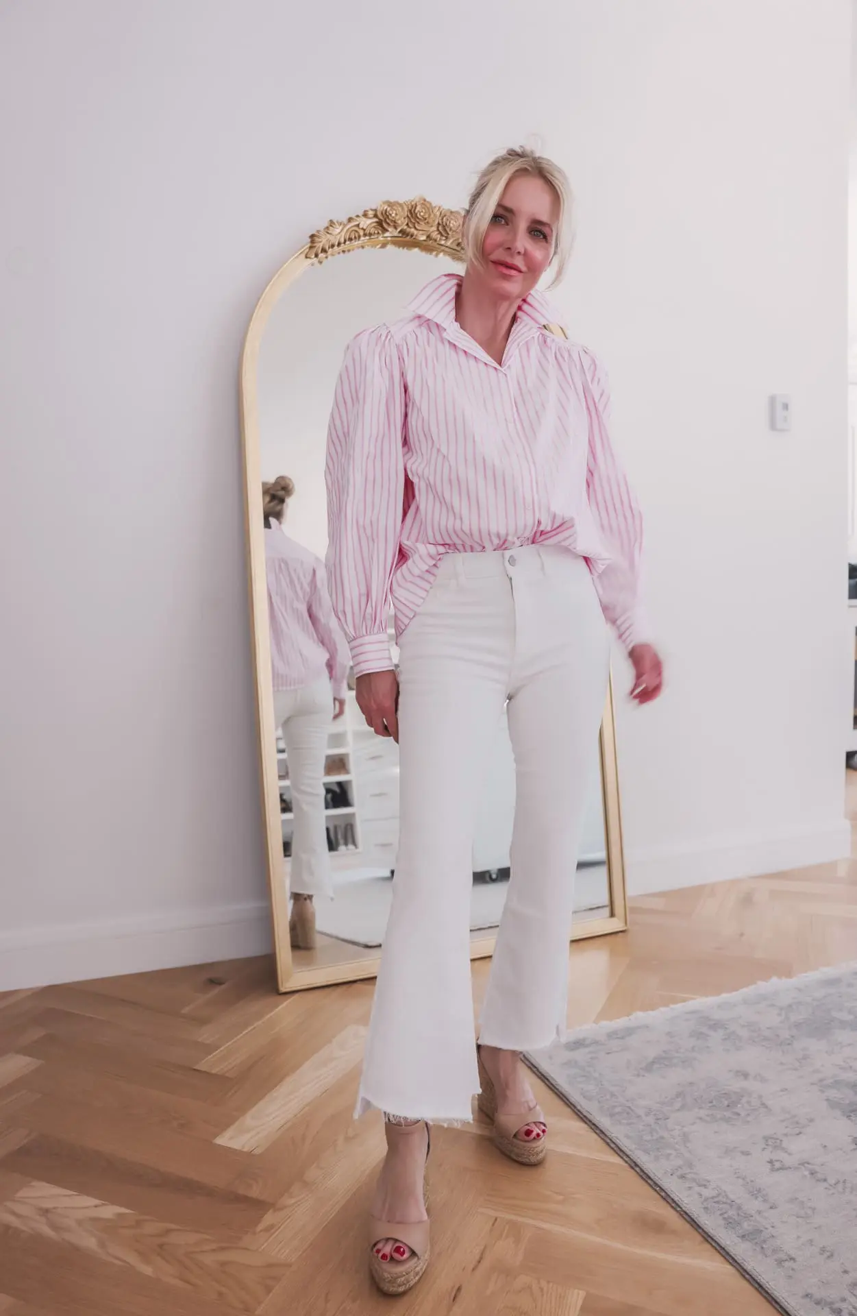 Maje Pink & White Striped Top & White Jeans