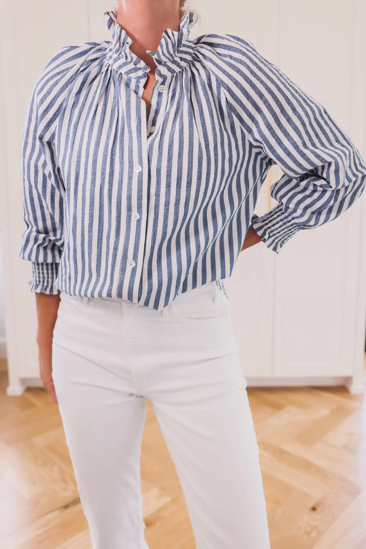 Striped blouse and white jeans