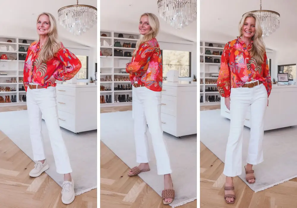 Printed Blouse & White Jeans Printed Blouse & White Jeans
