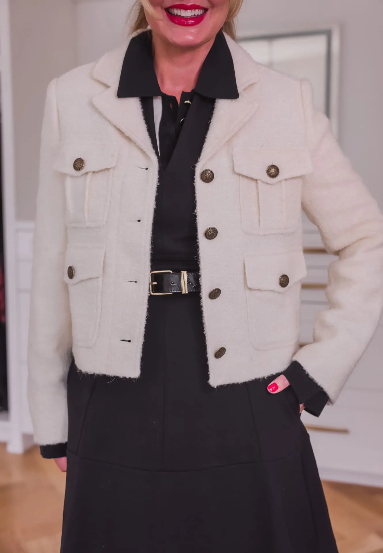 how to wear a black dress with jacket