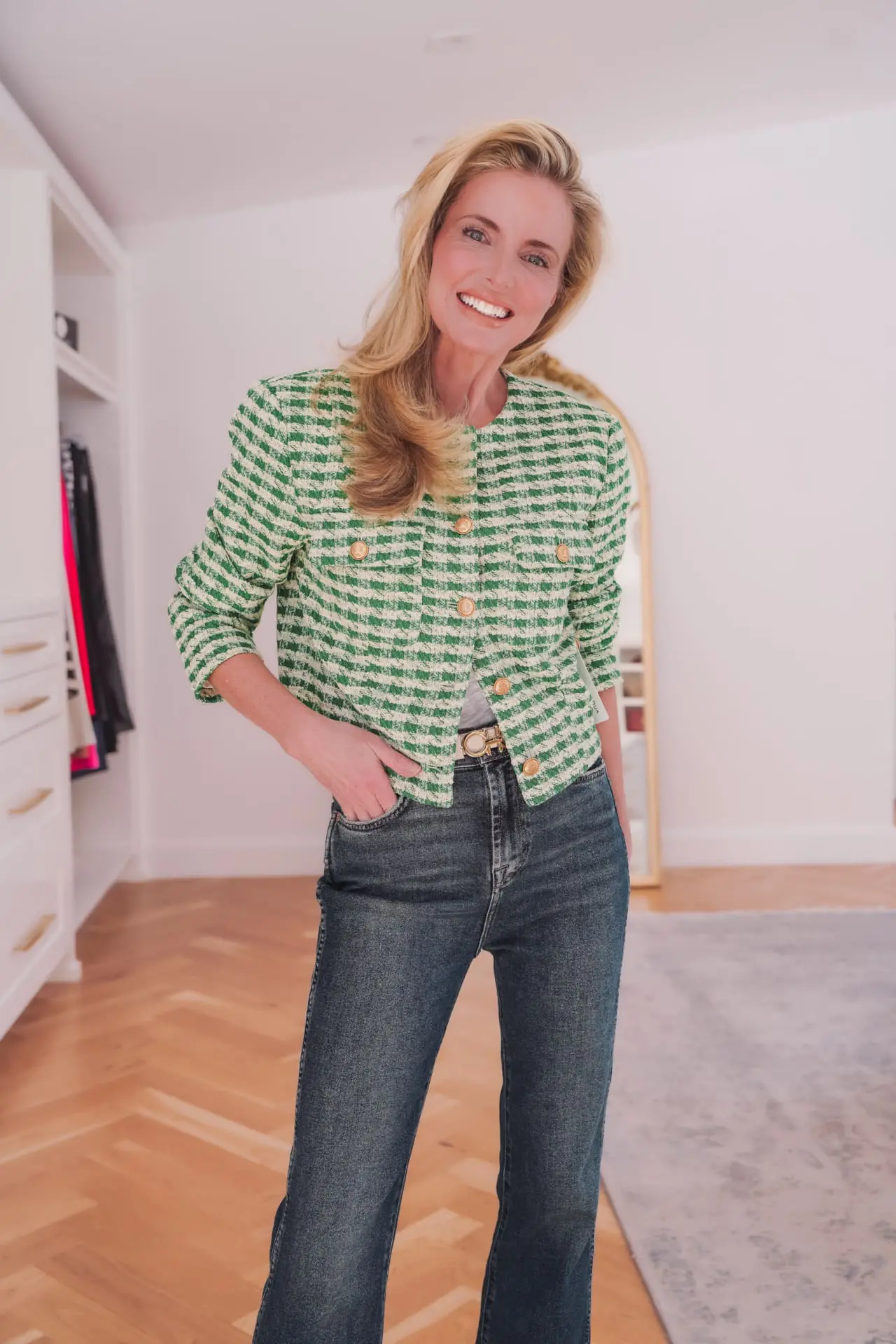 green tweed jacket with jeans
