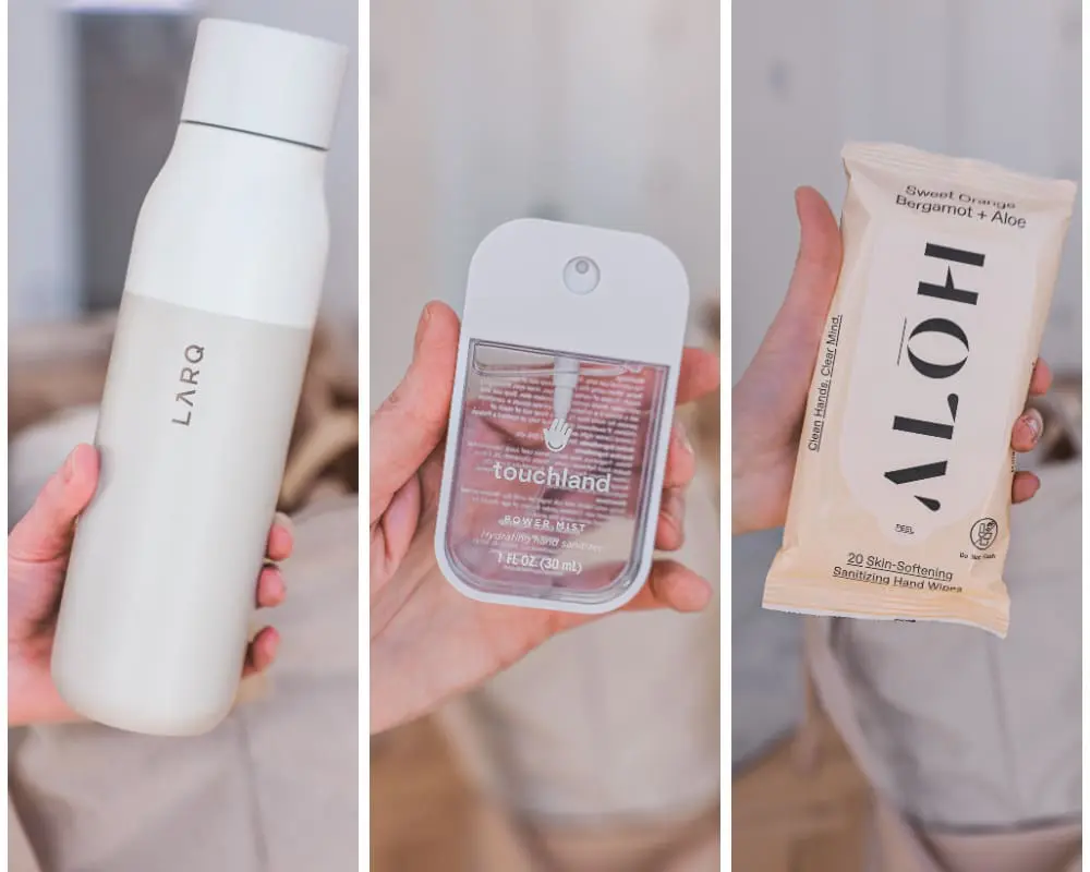 Water Bottle, sanitizer, and wipes for travel