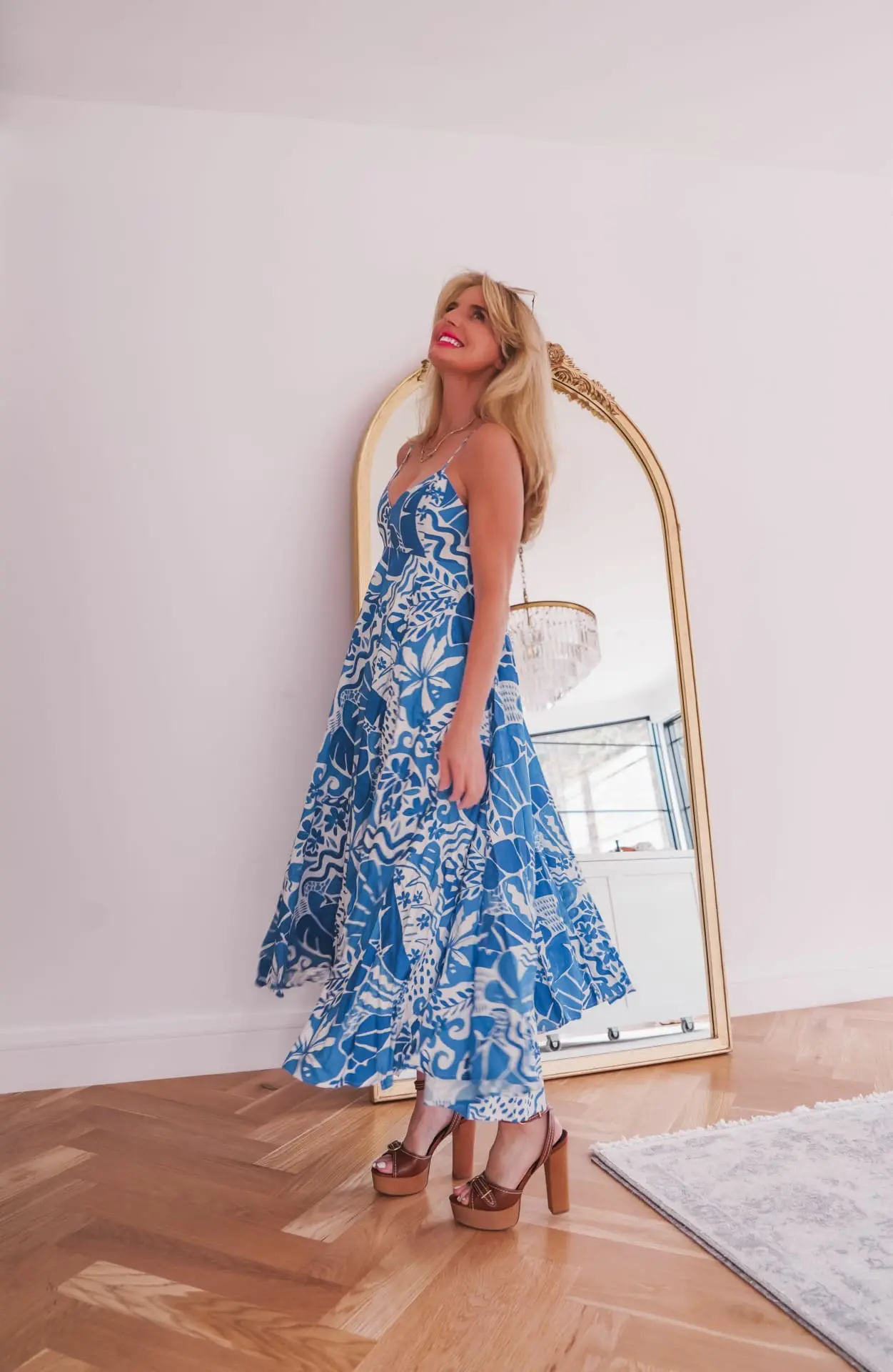 V-Neck Blue Midi Dress