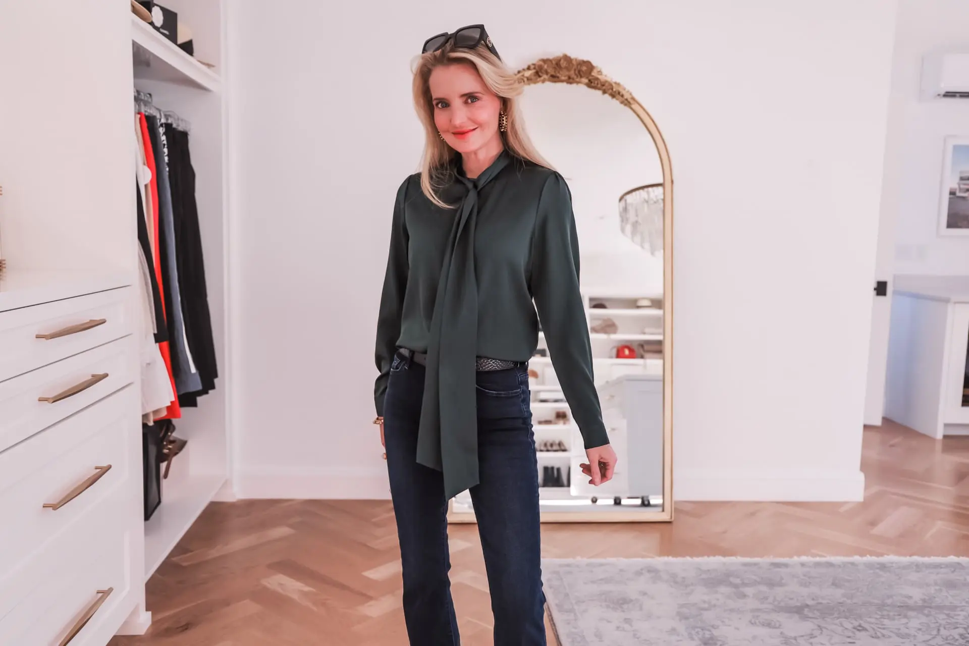 tie-neck silky blouse with jeans
