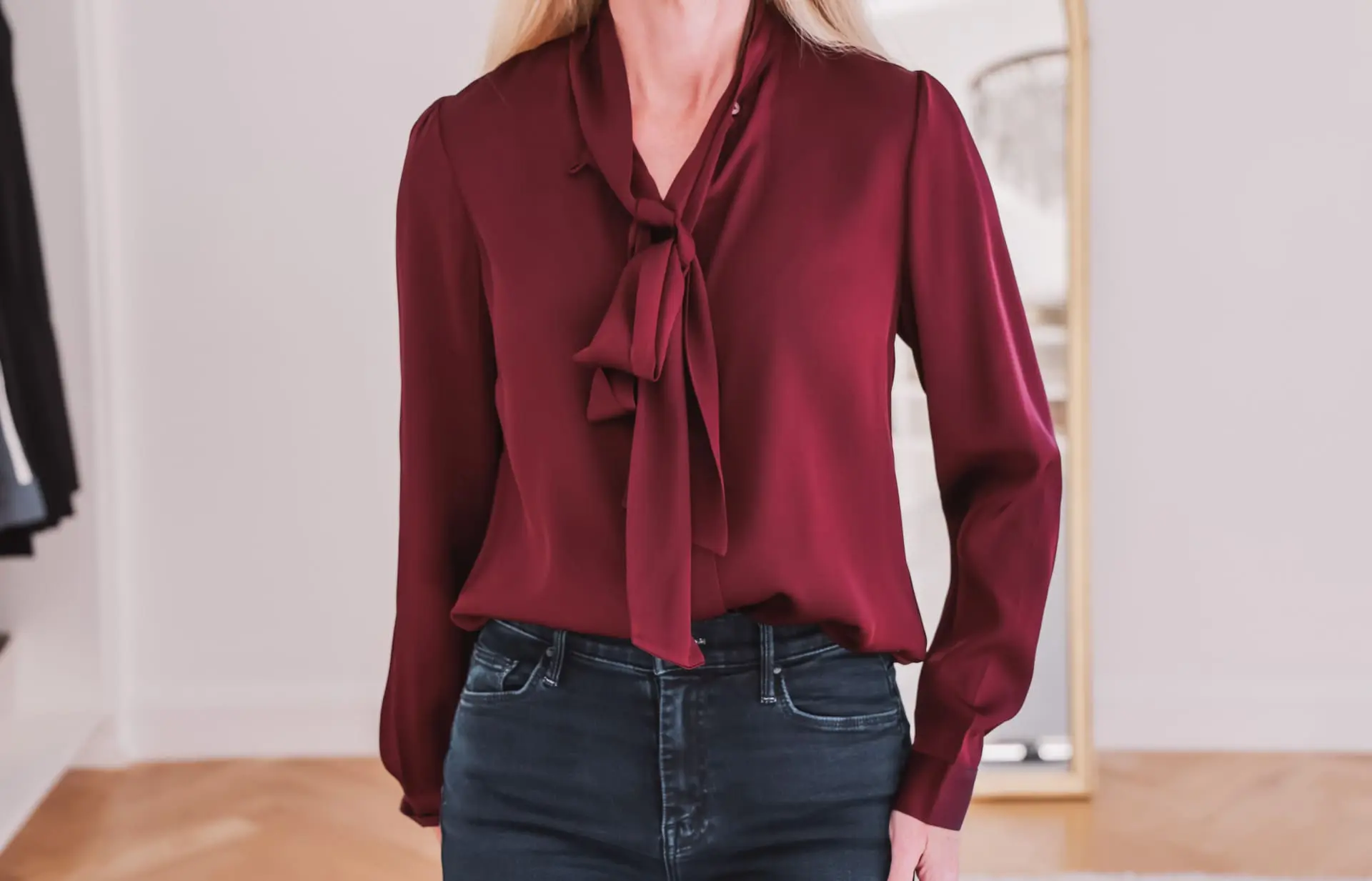 tie-neck silky blouse outfit