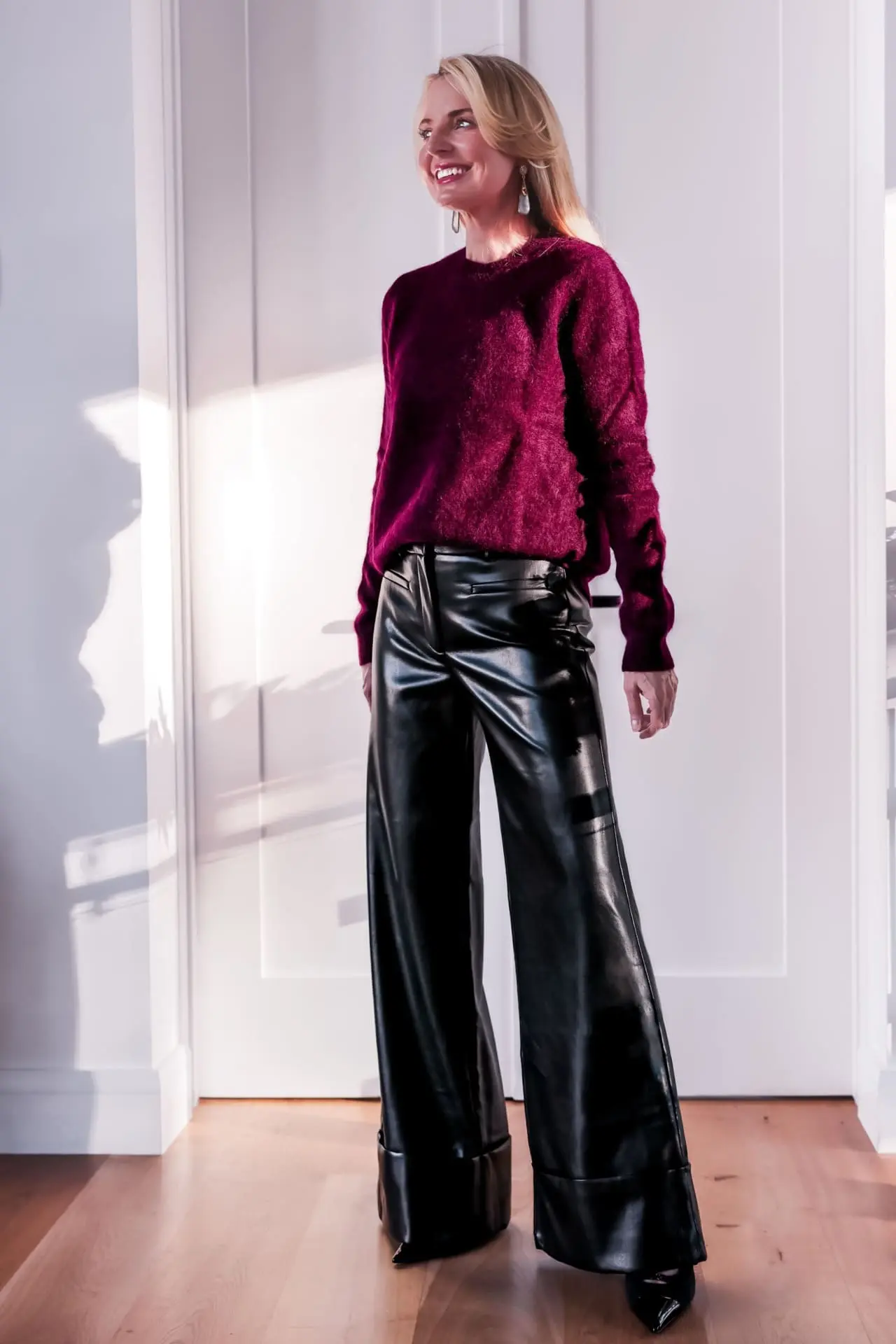 Leather Pants & Sweater holiday party outfit ideas