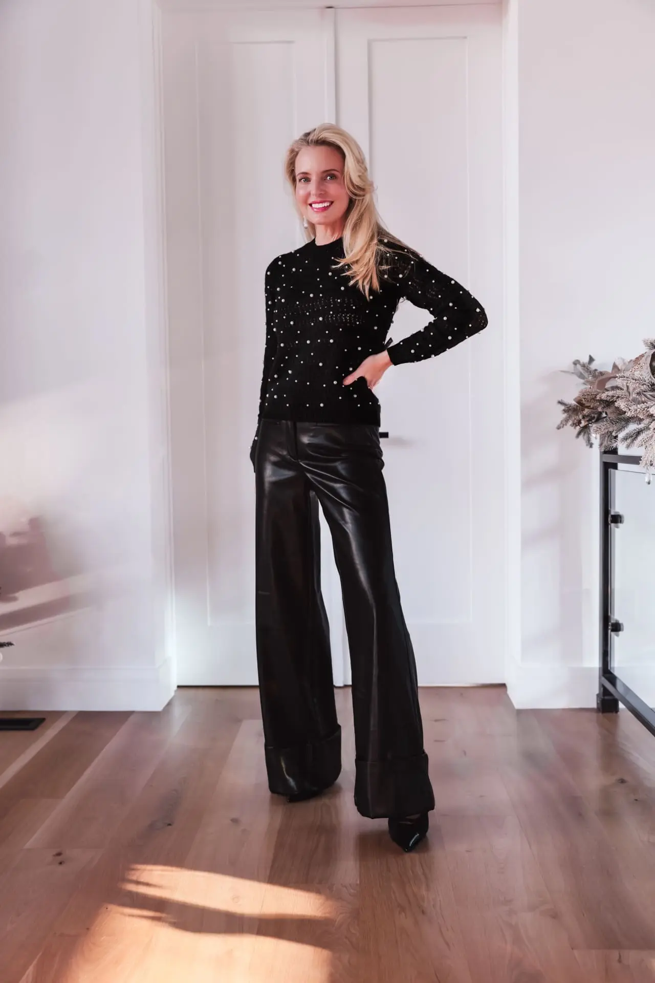 Leather Pants & Sweater holiday party outfit ideas