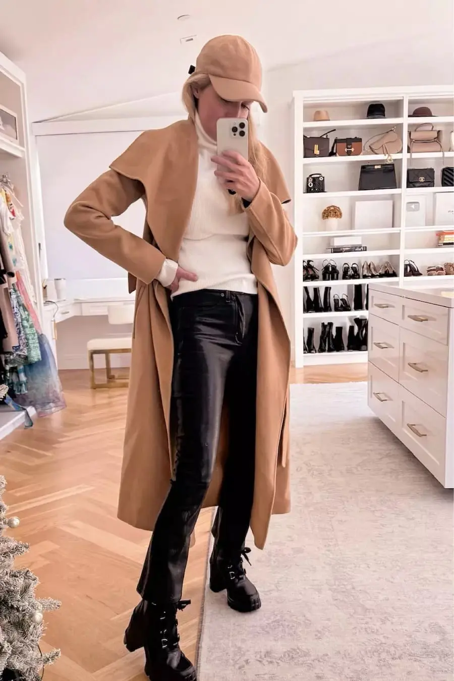wool wrap coat with leather pants