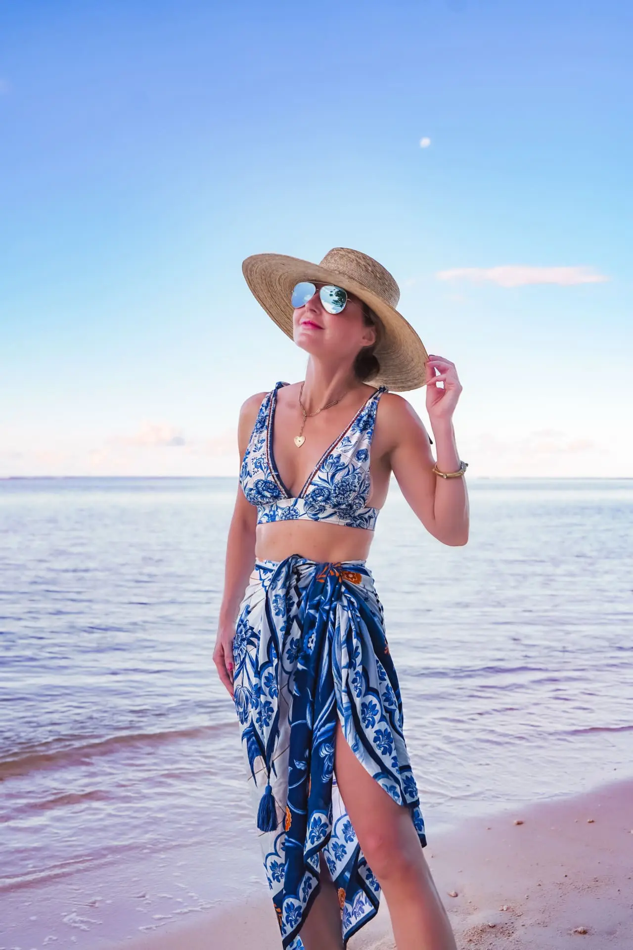 blue and white floral flattering swimsuit