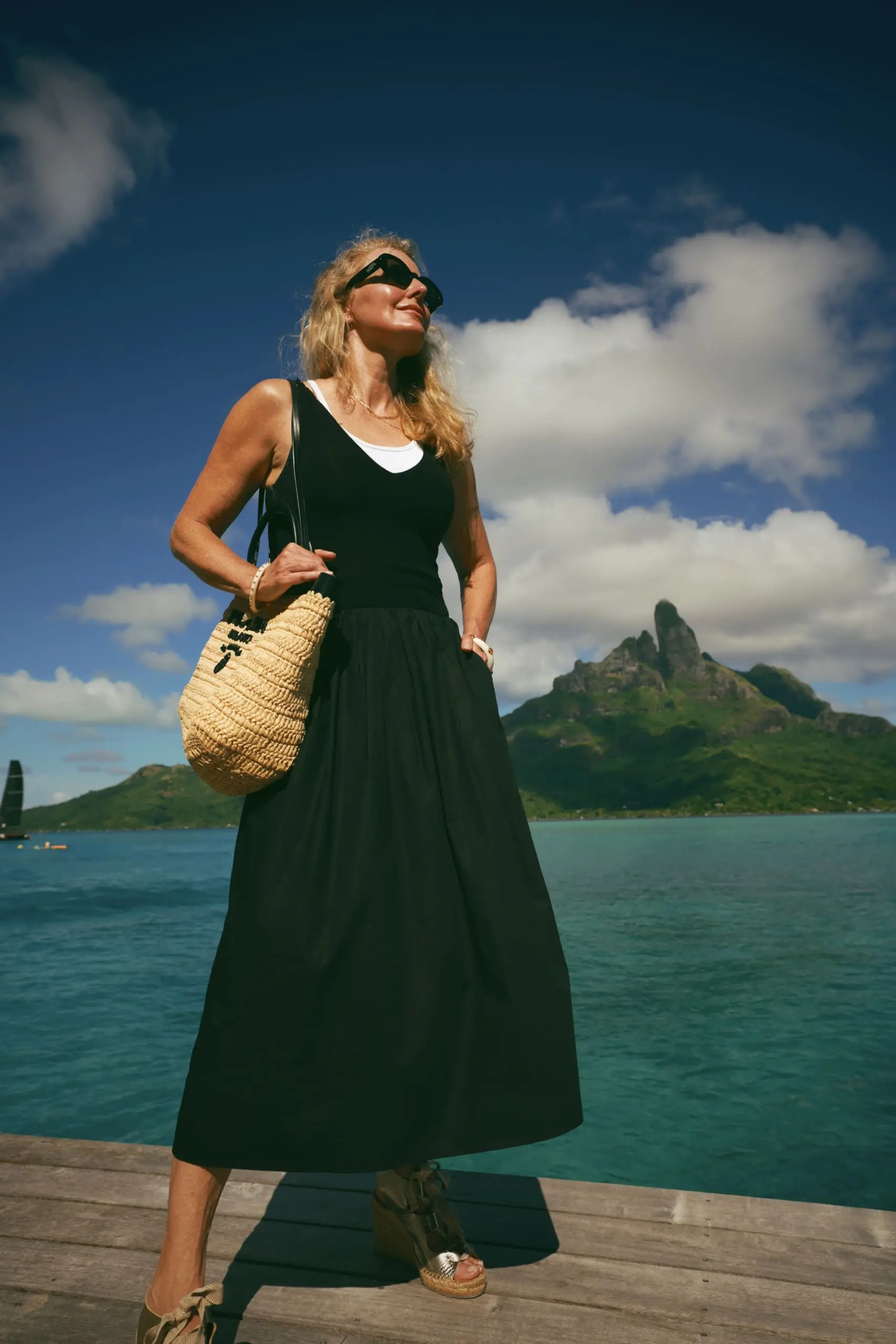 Rails Franca mixed media black dress with prada medium raffia and leather tote