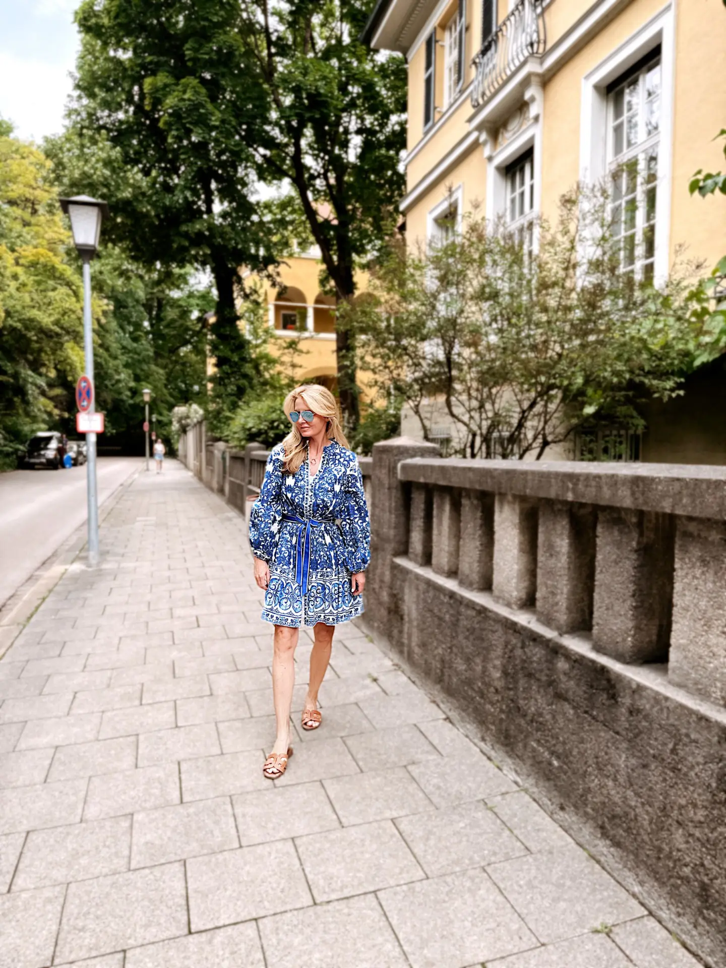 European inspired outfits, blue printed dress by Antonio Melani