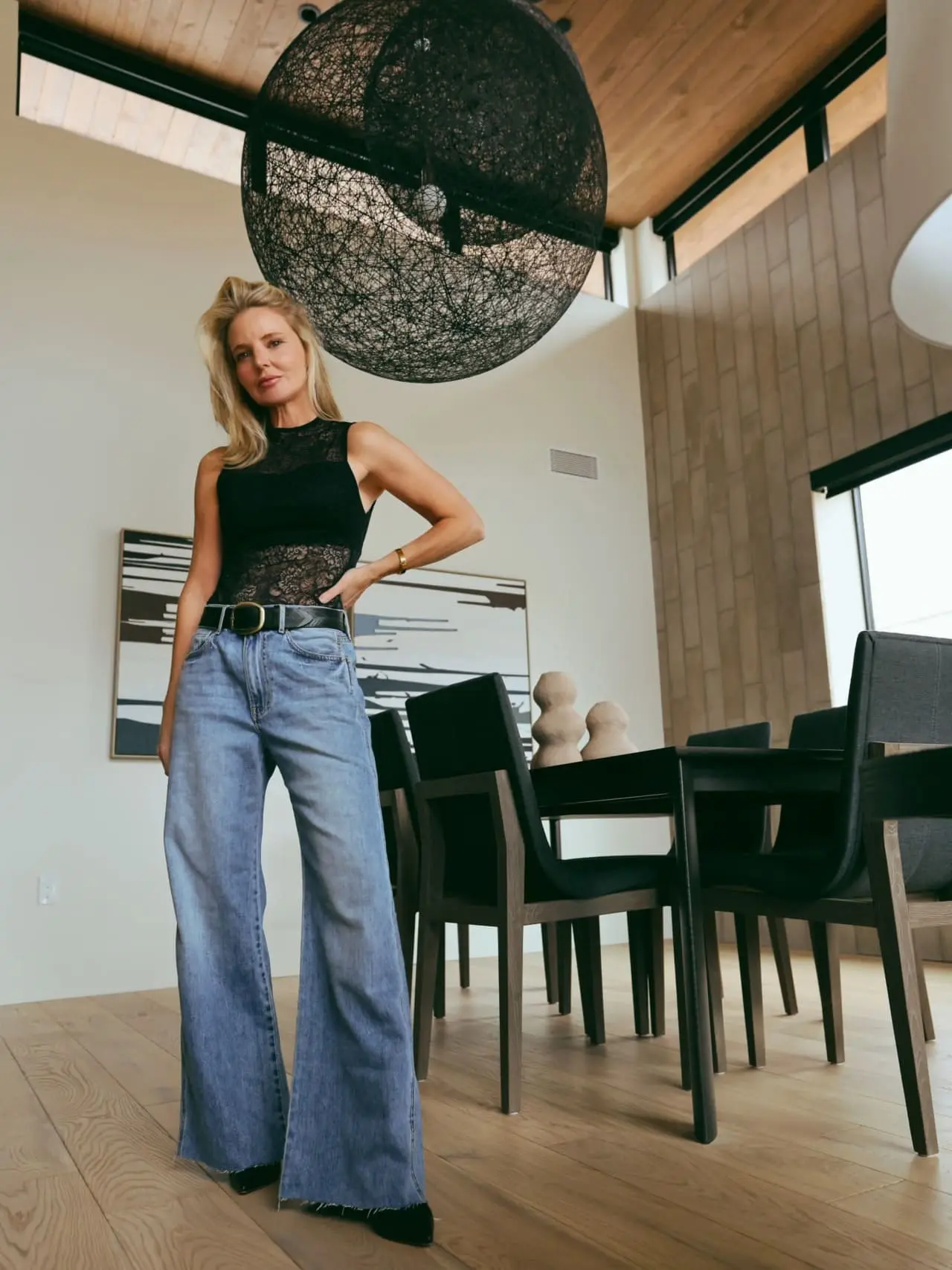 Veronica beard baggy wide leg kasey jeans with alice + olivia lace sleevless black bodysuit
