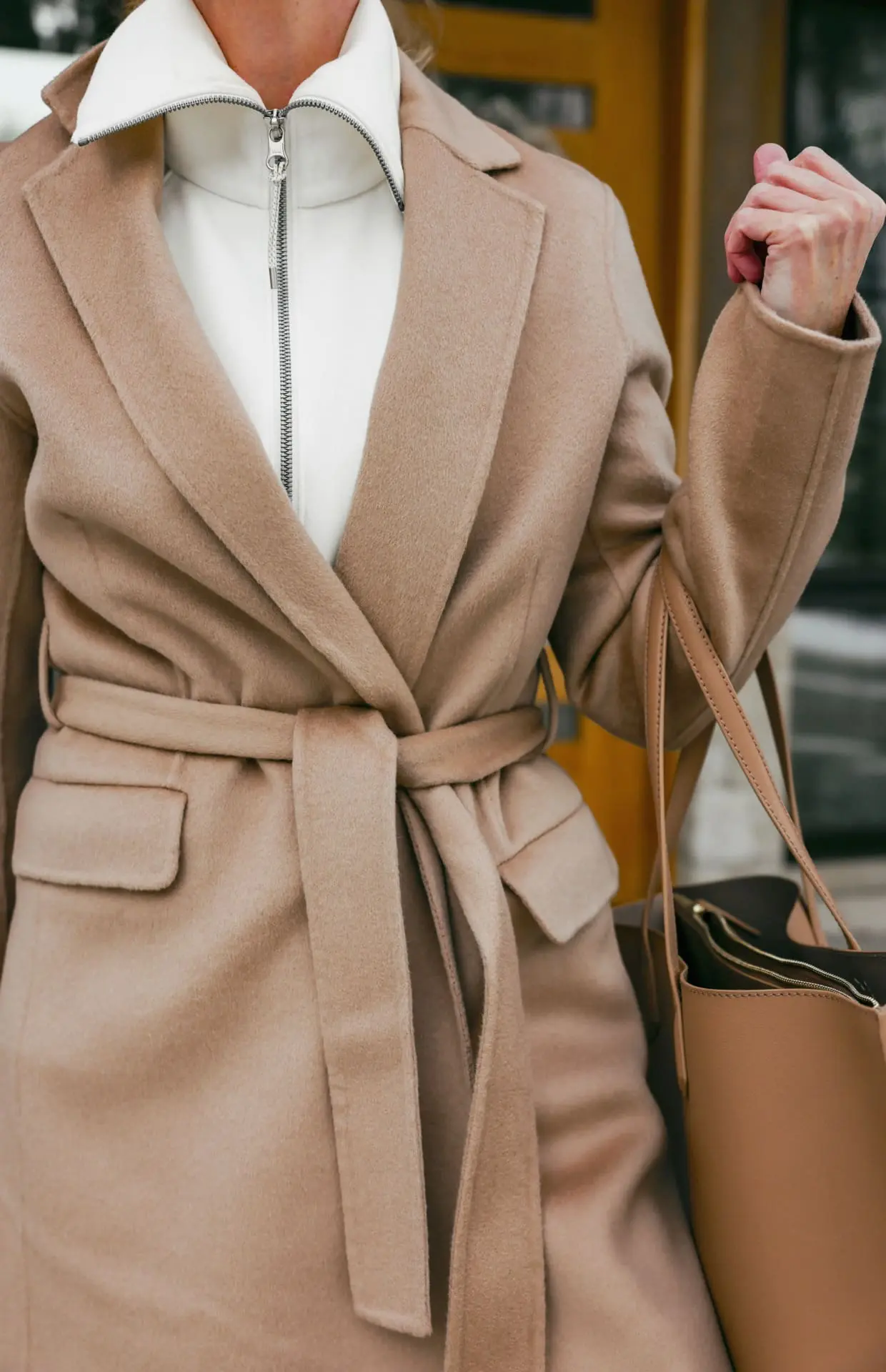 Quince cashmere wrap coat to layer over a matching set for winter travel day style