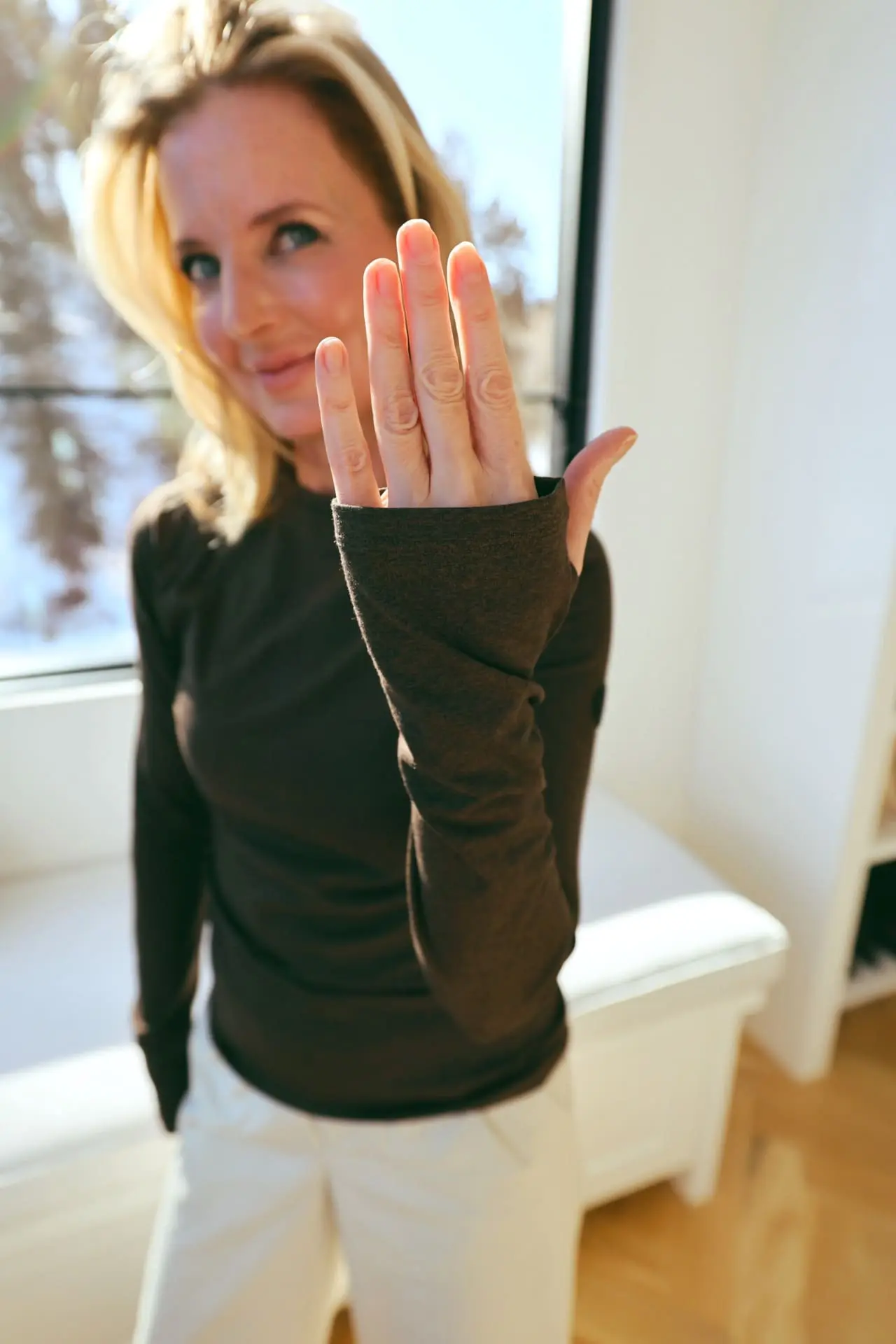 closeup of winter baselayer crew kneck chocolate brown top