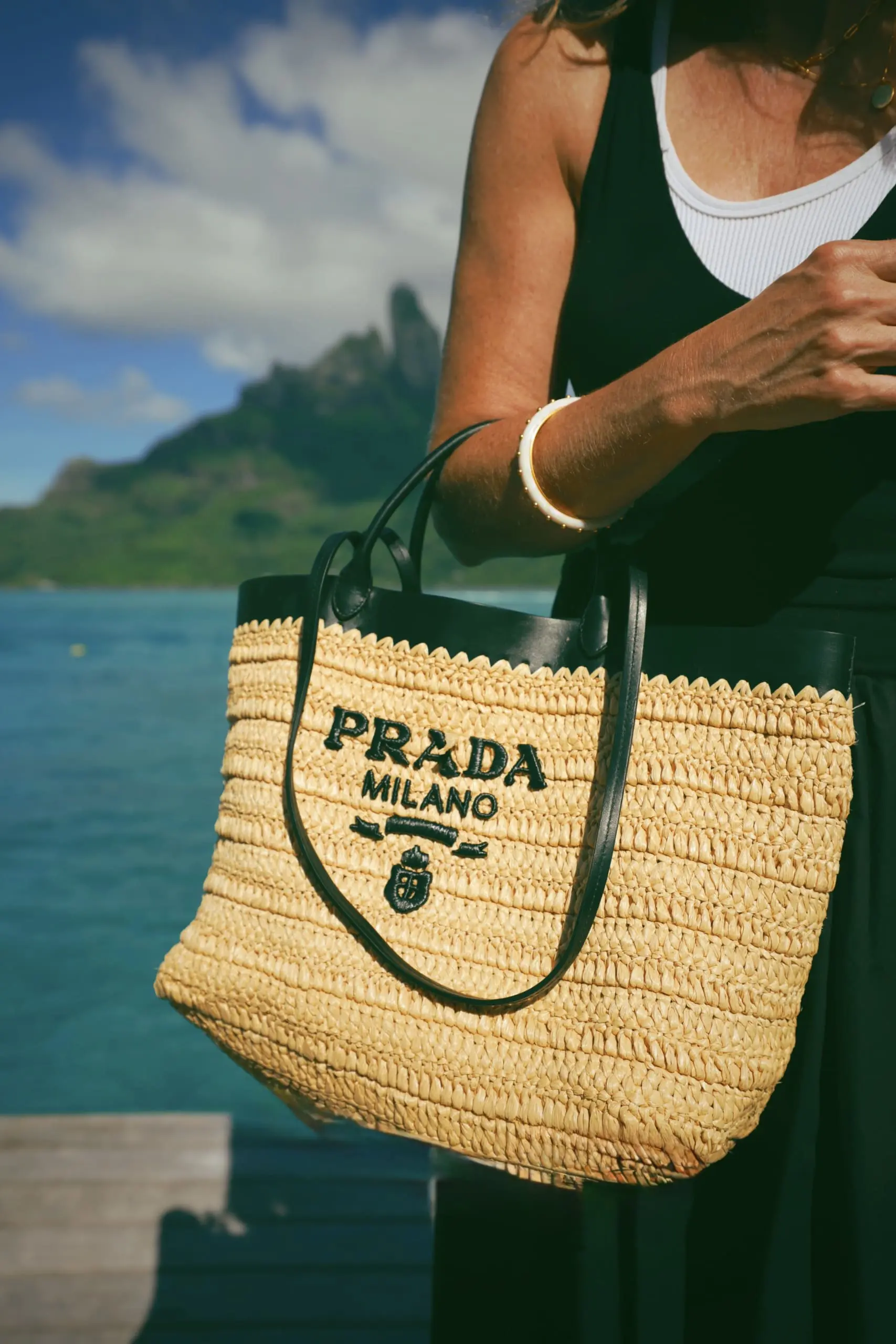 black summer dress, Prada bag