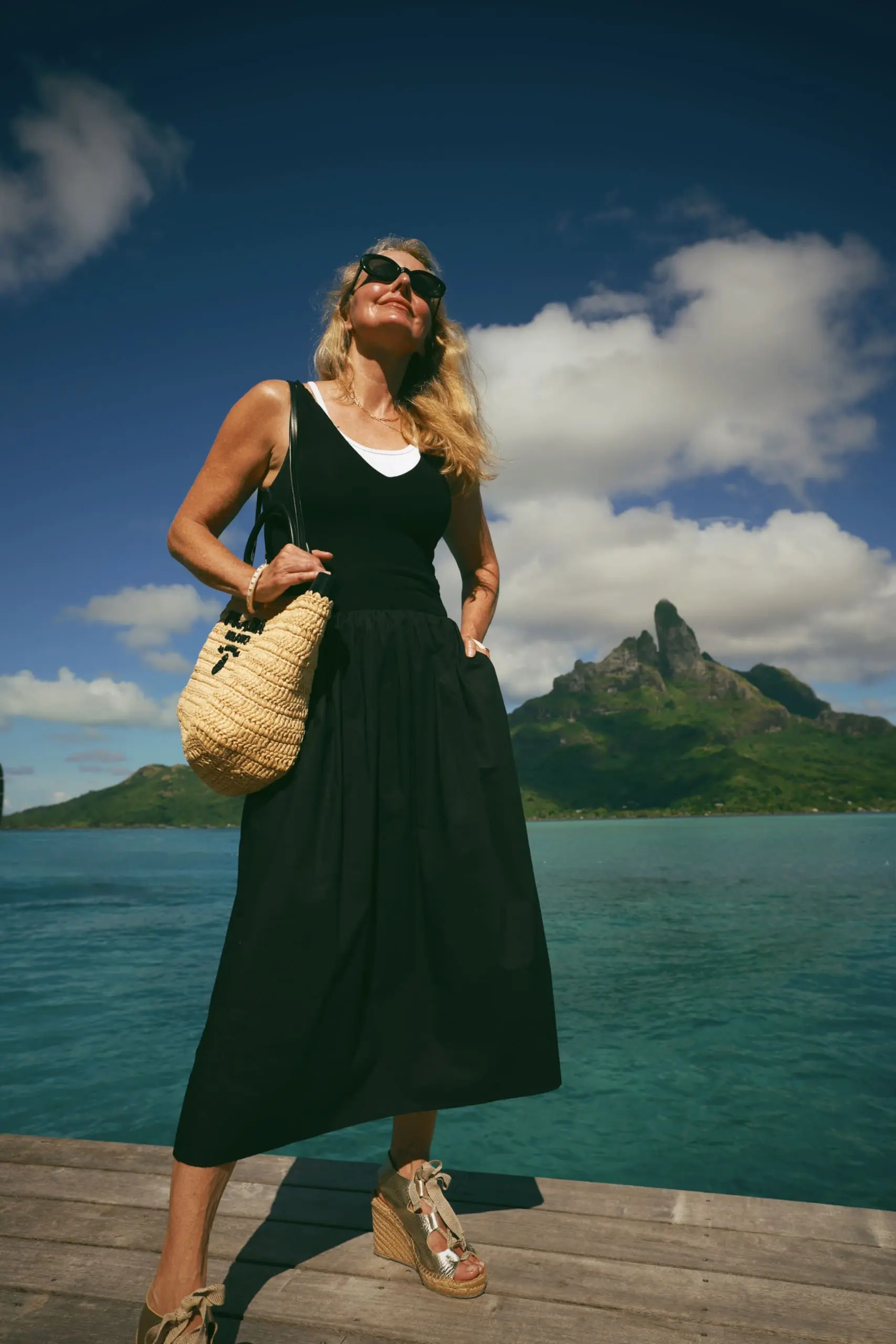 Rails Franca mixed media black dress with prada medium raffia and leather tote