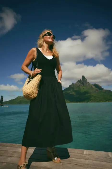 Rails Franca mixed media black dress with prada medium raffia and leather tote