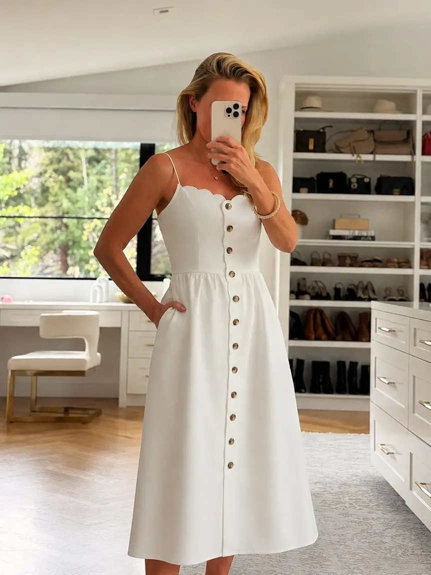 white cotton dress on erin busbee, 51 years old 