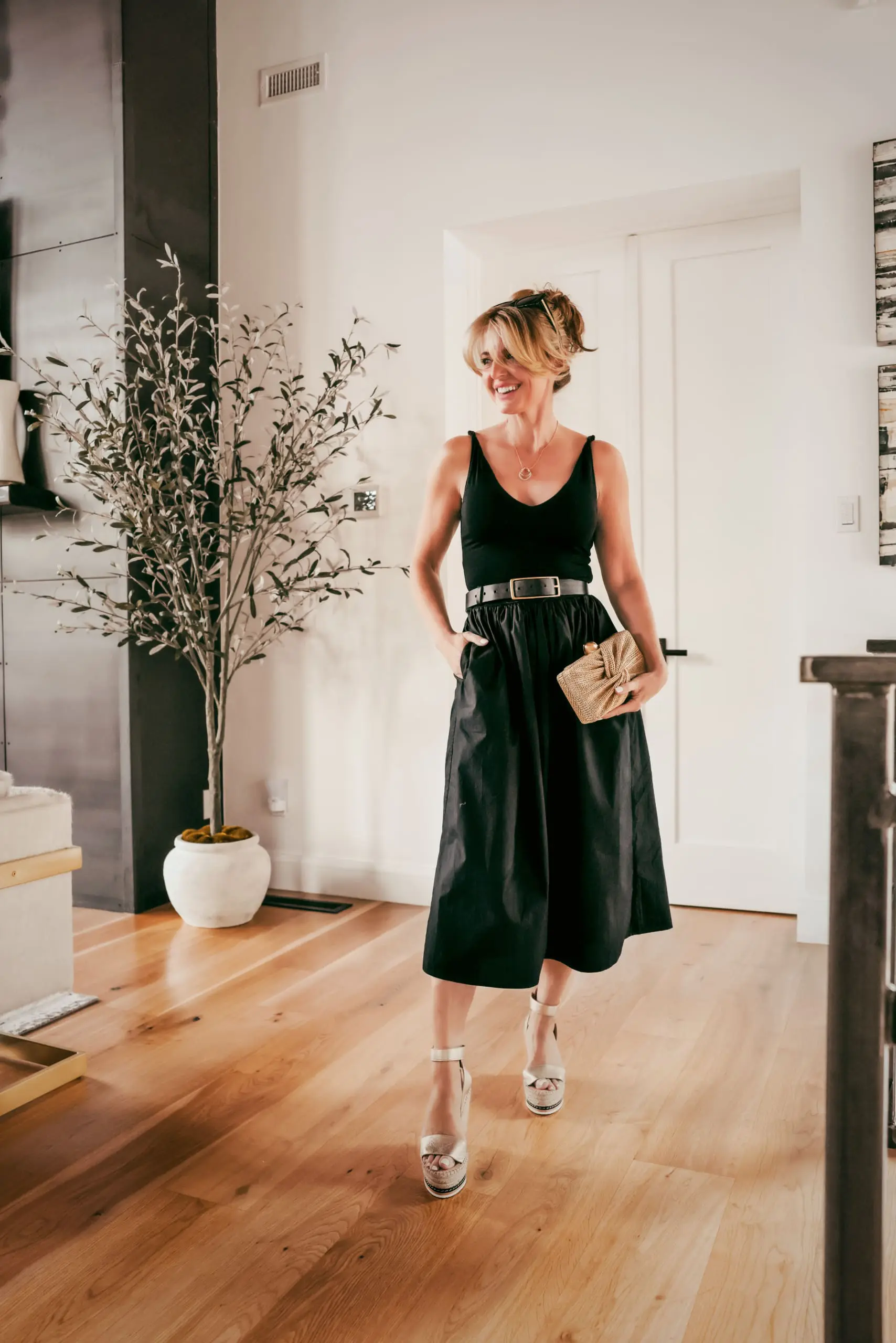 black dress by rails called "franca" mixed media belted with wedge sandals