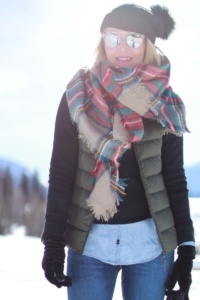 over-sized blanket scarf from Amazon paired with a puffer vest and skinny jeans