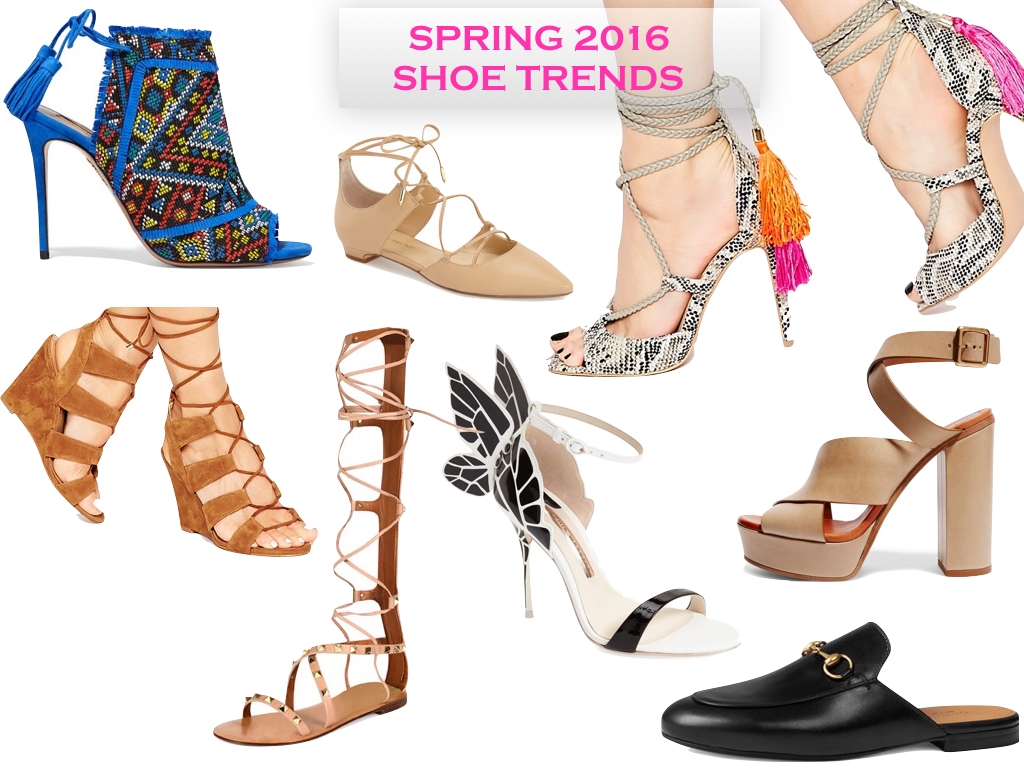 spring fashion trends 2016 in shoes, including pointed toe pumps, lace-up sandals, gladiator sandals, slippers and platforms